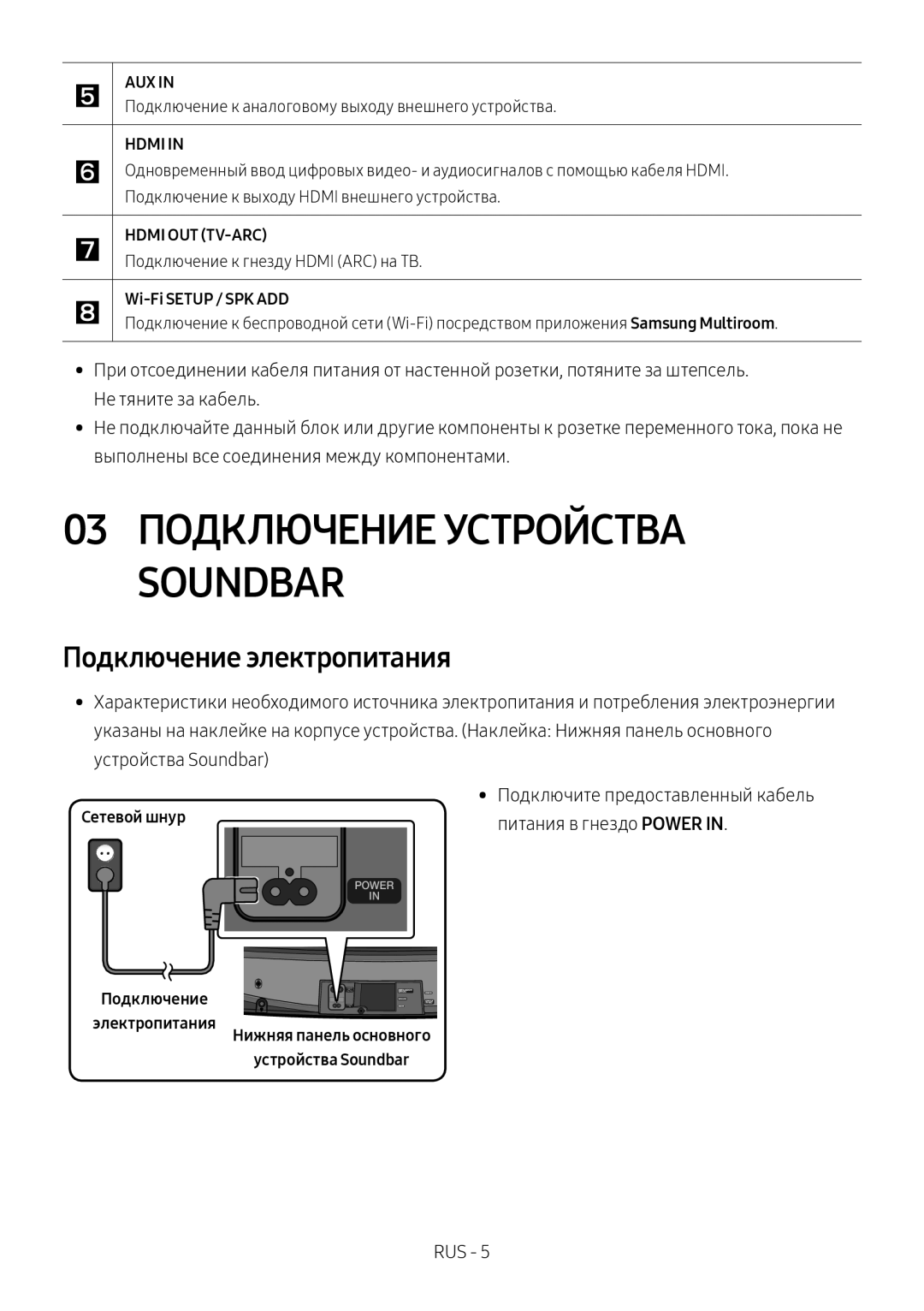 Samsung HW-MS6501/RU, HW-MS6500/RU 03 Подключение Устройства Soundbar, Подключение электропитания, Wi-Fi Setup / SPK ADD 