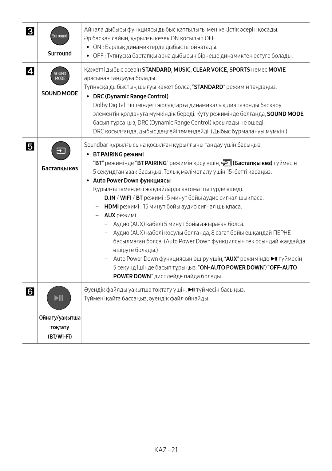 Samsung HW-MS6501/RU manual BT Pairing режимі Бастапқы көз, Auto Power Down функциясы, Ойнату/уақытша Тоқтату BT/Wi-Fi 