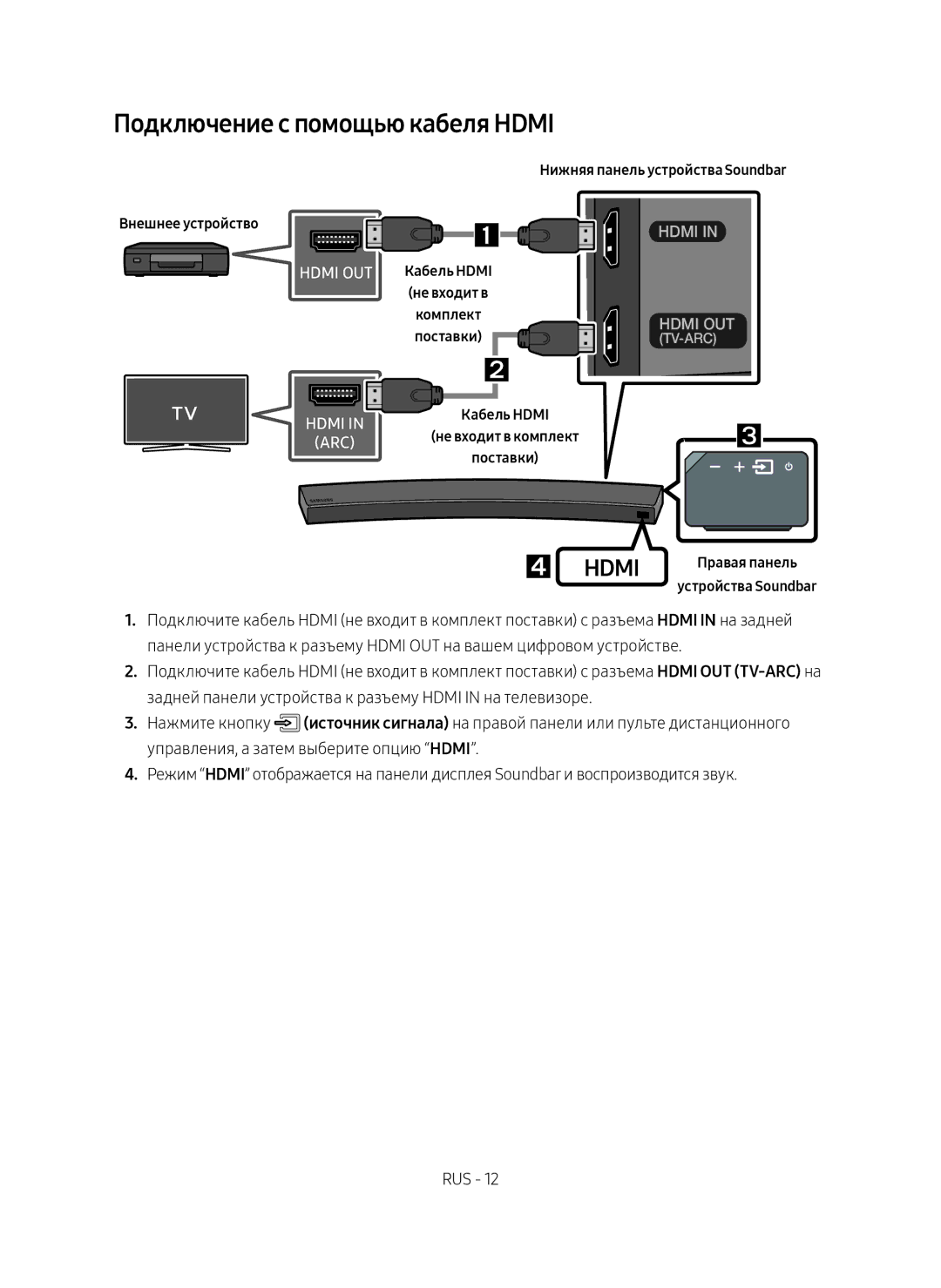 Samsung HW-MS6500/RU, HW-MS6501/RU Подключение с помощью кабеля Hdmi, Нижняя панель устройства Soundbar Внешнее устройство 