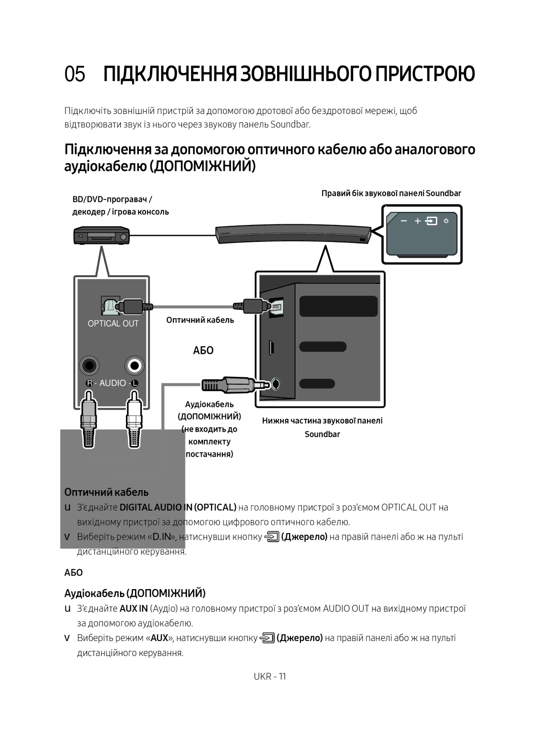 Samsung HW-MS6500/RU, HW-MS6501/RU manual 05 Підключення зовнішнього пристрою, Оптичний кабель, Аудіокабель Допоміжний, Або 