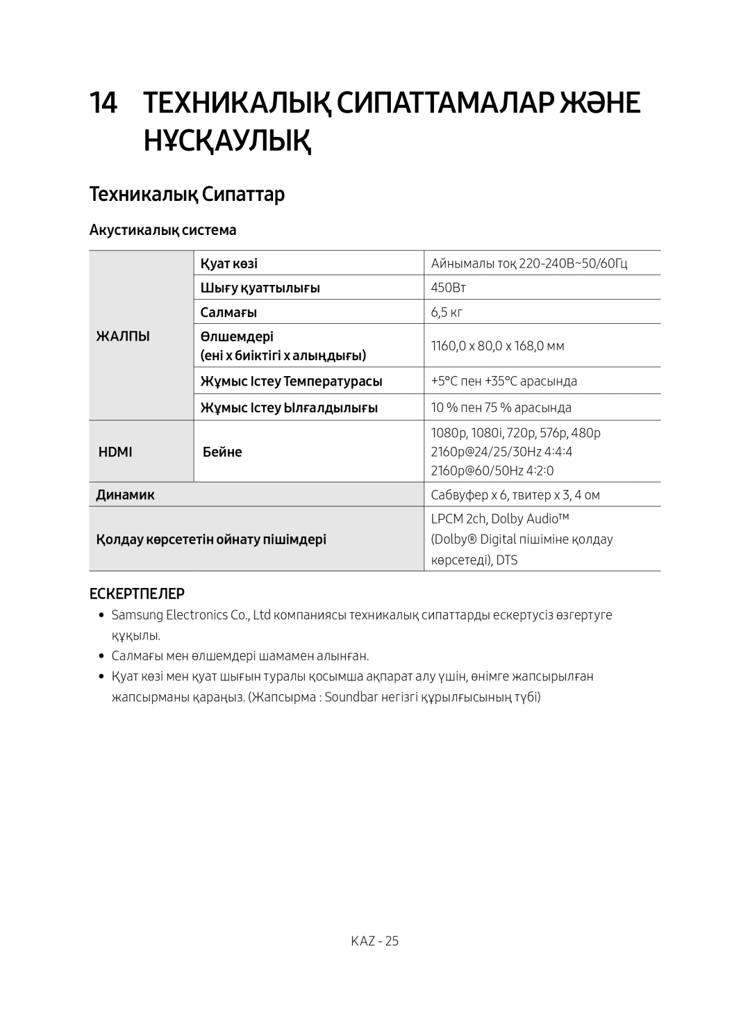 Samsung HW-MS6501/RU, HW-MS6500/RU 14 Техникалық Сипаттамалар Және Нұсқаулық, Техникалық Сипаттар, Aкустикалық система 