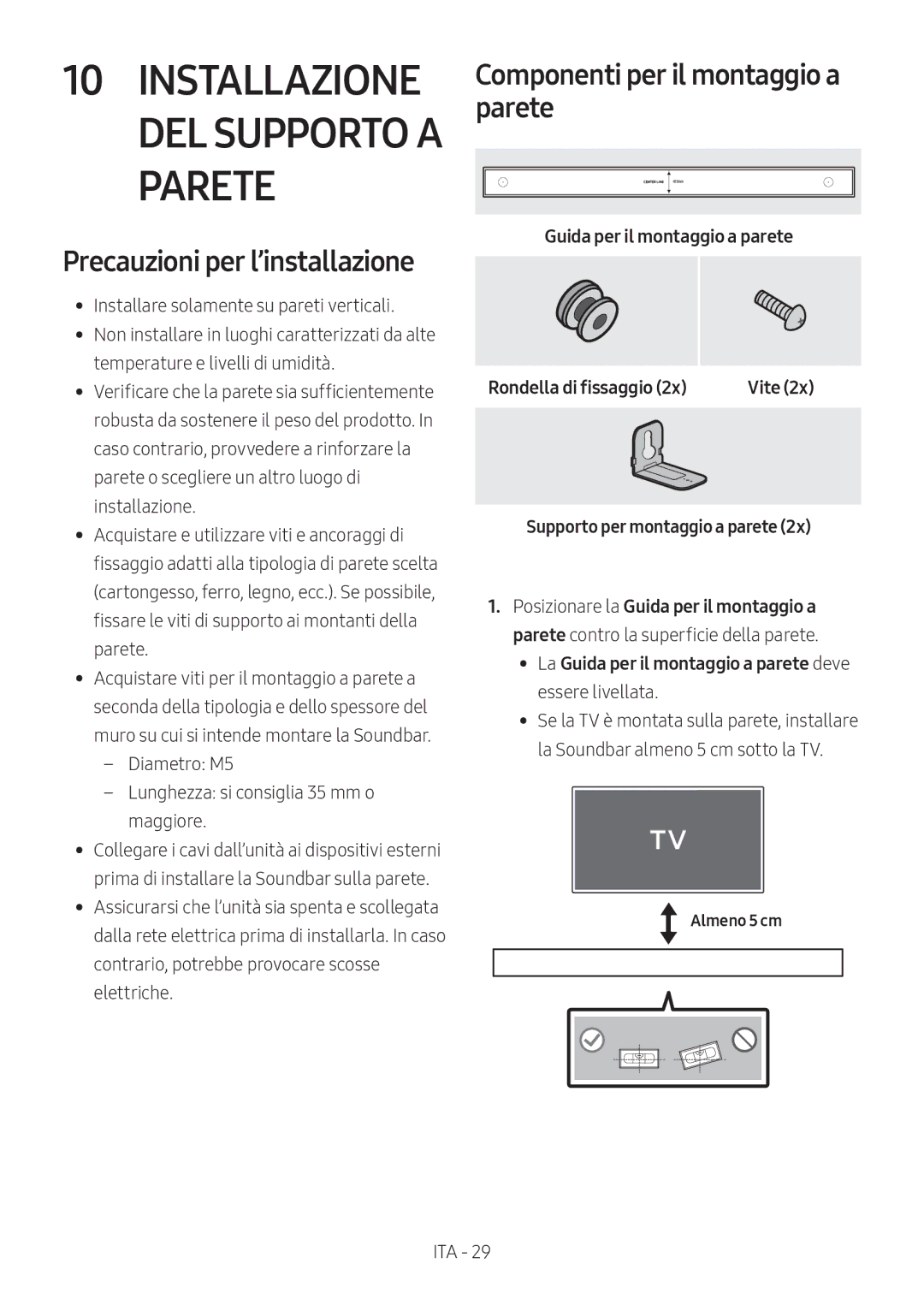 Samsung HW-MS6500/ZG, HW-MS6501/EN, HW-MS6500/EN manual Precauzioni per l’installazione, Componenti per il montaggio a parete 