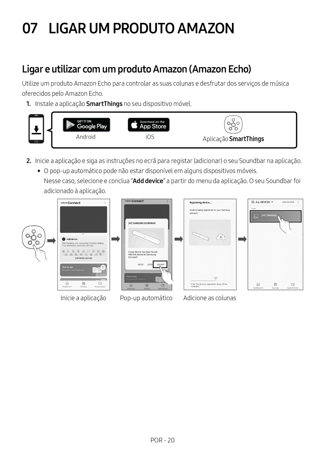 Samsung HW-MS6501/EN, HW-MS6500/ZG manual Ligar UM Produto Amazon, Ligar e utilizar com um produto Amazon Amazon Echo 