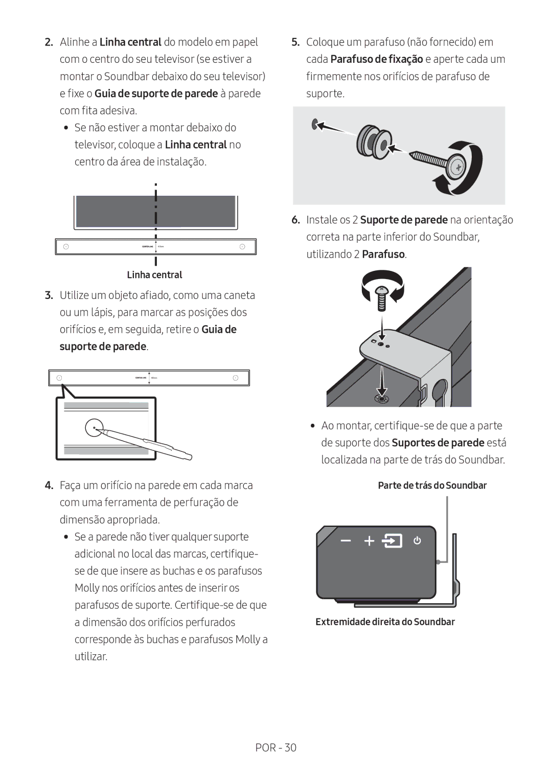 Samsung HW-MS6500/EN, HW-MS6501/EN, HW-MS6500/ZG Linha central, Parte de trás do Soundbar Extremidade direita do Soundbar 