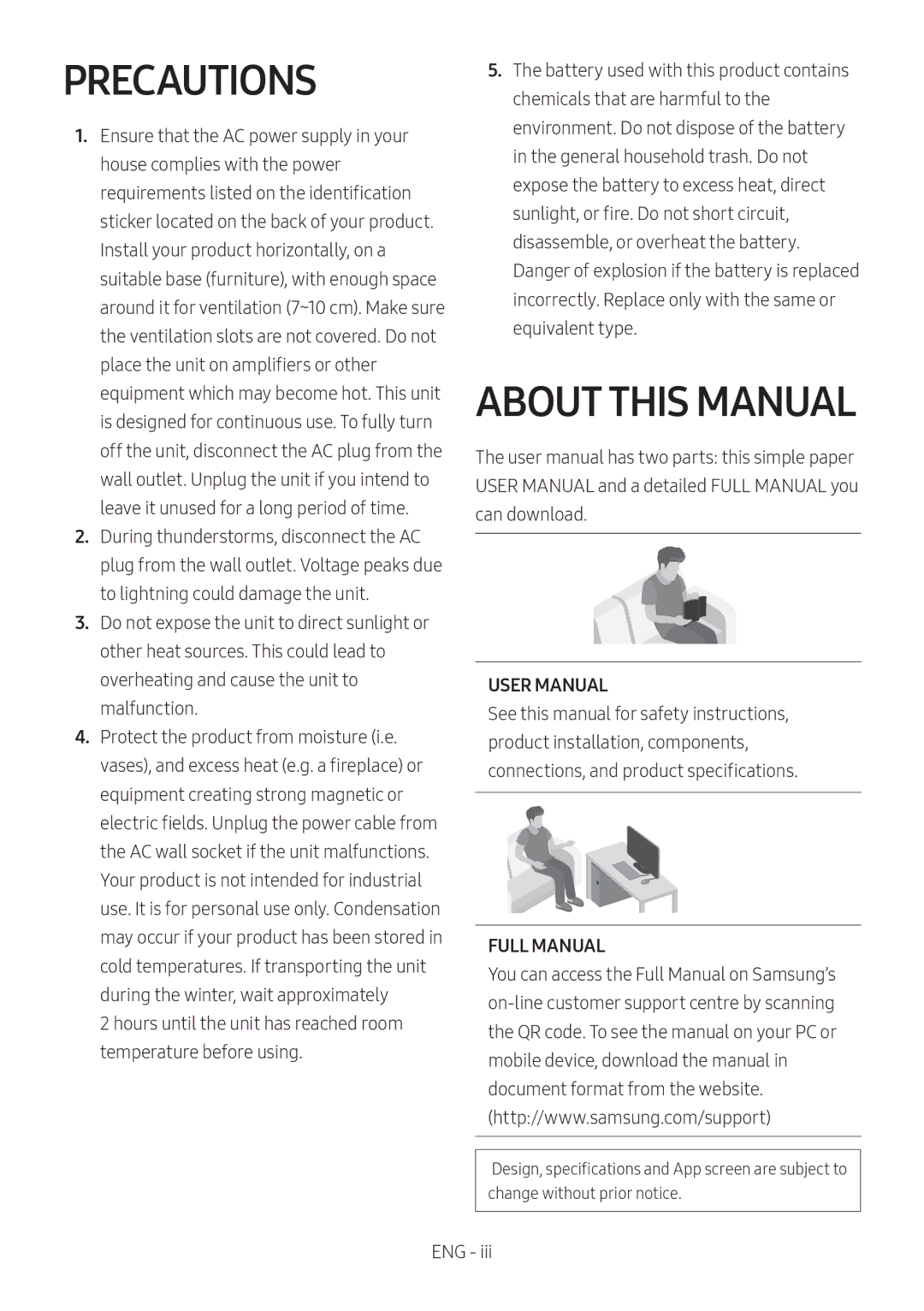 Samsung HW-MS6501/ZG, HW-MS6501/EN, HW-MS6500/ZG, HW-MS6500/EN, HW-MS6501/ZF, HW-MS6500/ZF manual Precautions, About this Manual 