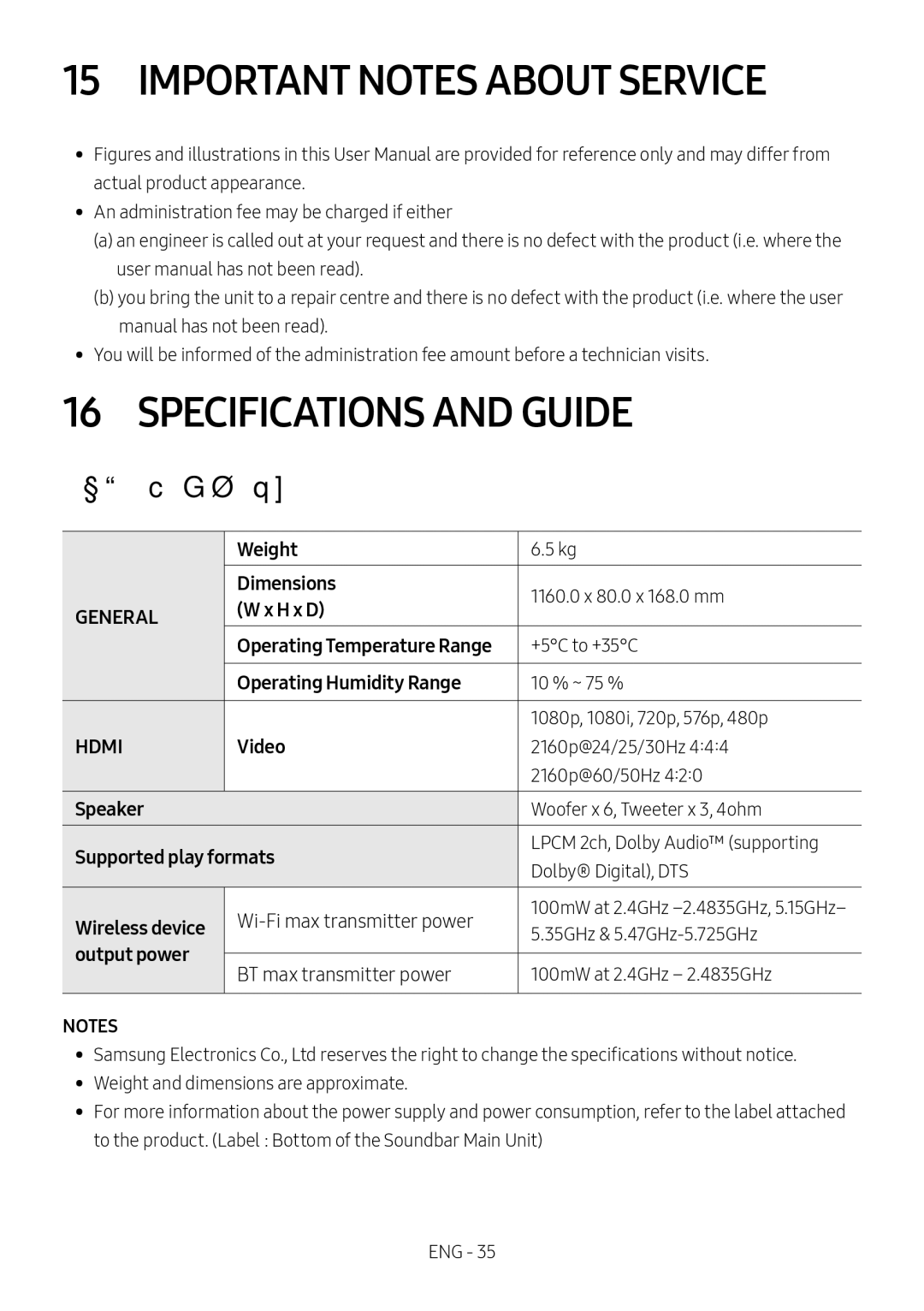 Samsung HW-MS6511/XE, HW-MS6501/EN, HW-MS6500/ZG, HW-MS6500/EN manual Important Notes about Service, Specifications and Guide 