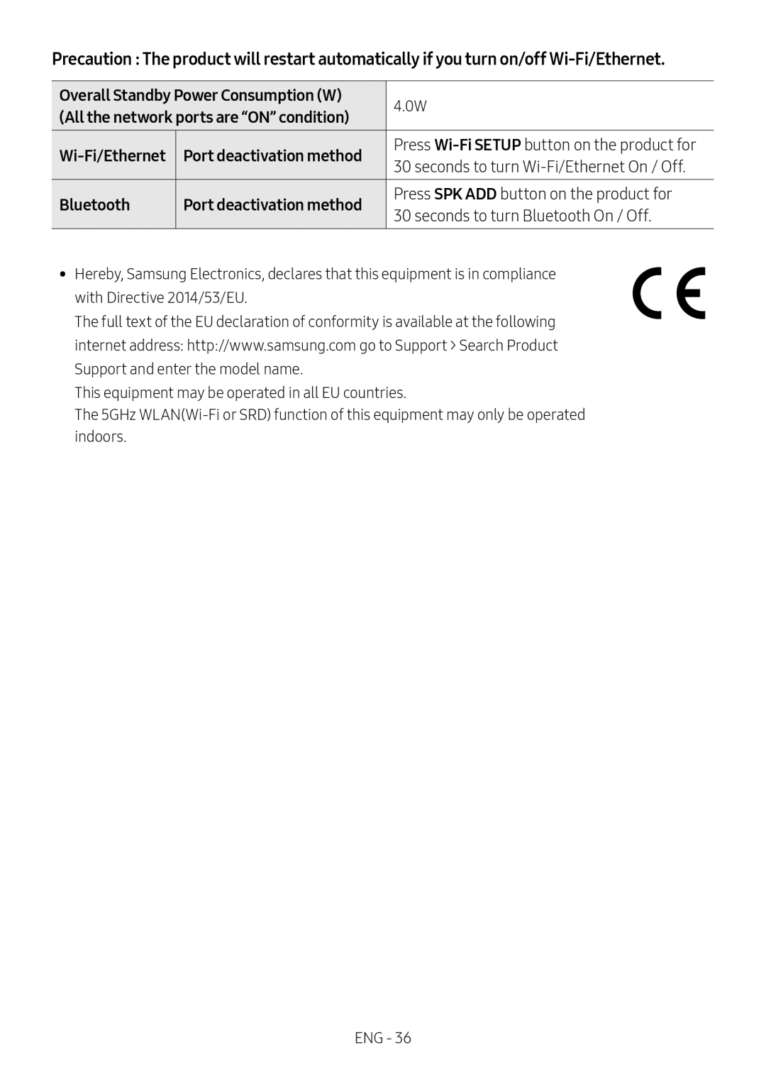 Samsung HW-MS6501/EN, HW-MS6500/ZG Seconds to turn Wi-Fi/Ethernet On / Off, Press Wi-Fi Setup button on the product for 