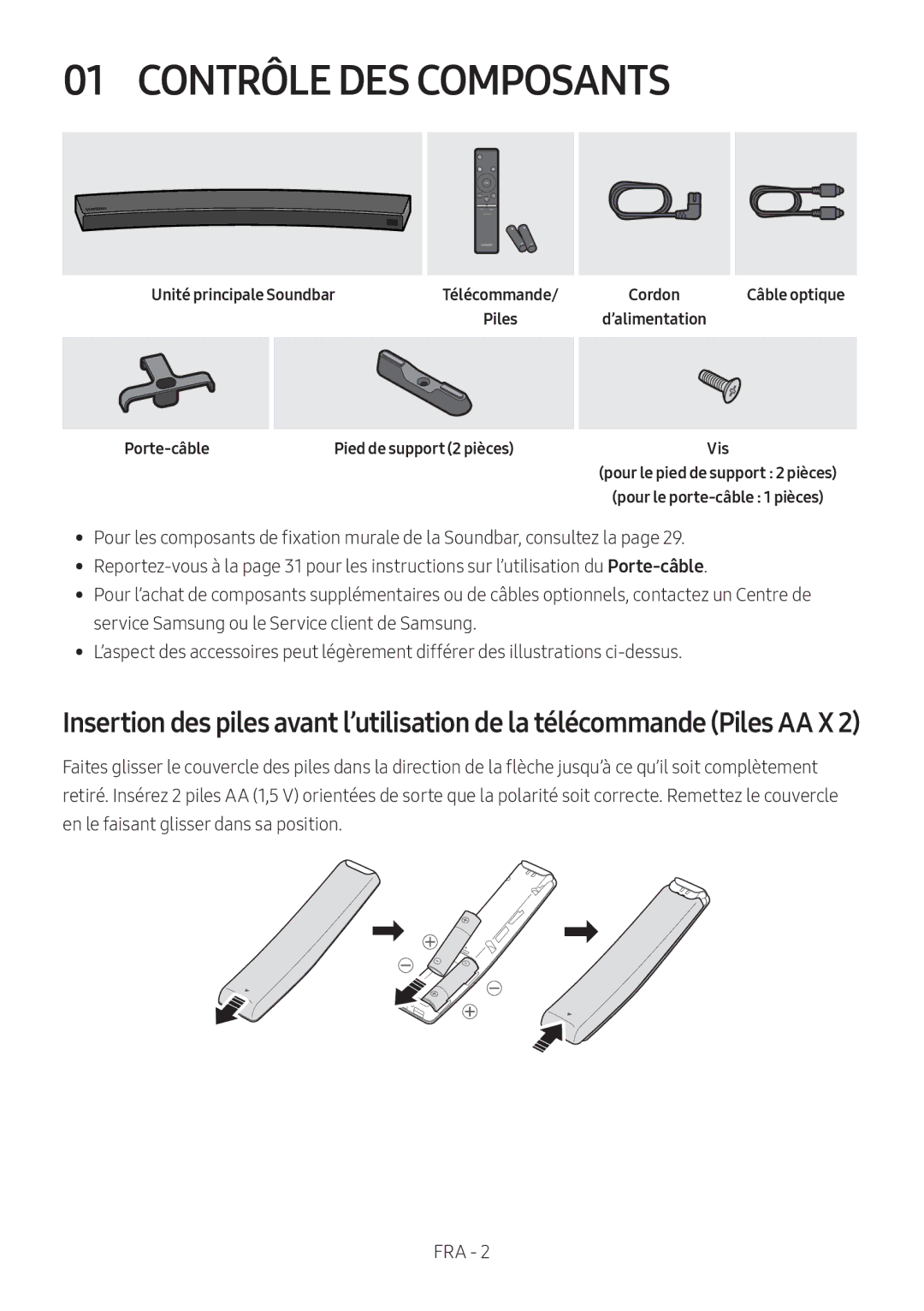 Samsung HW-MS6510/XE, HW-MS6501/EN, HW-MS6500/ZG manual Contrôle DES Composants, Unité principale Soundbar, Porte-câble 