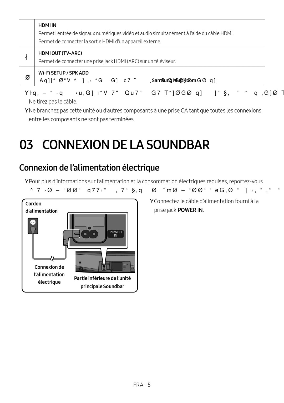 Samsung HW-MS6500/ZG manual Connexion DE LA Soundbar, Connexion de l’alimentation électrique, Prise jack Power, Cordon 