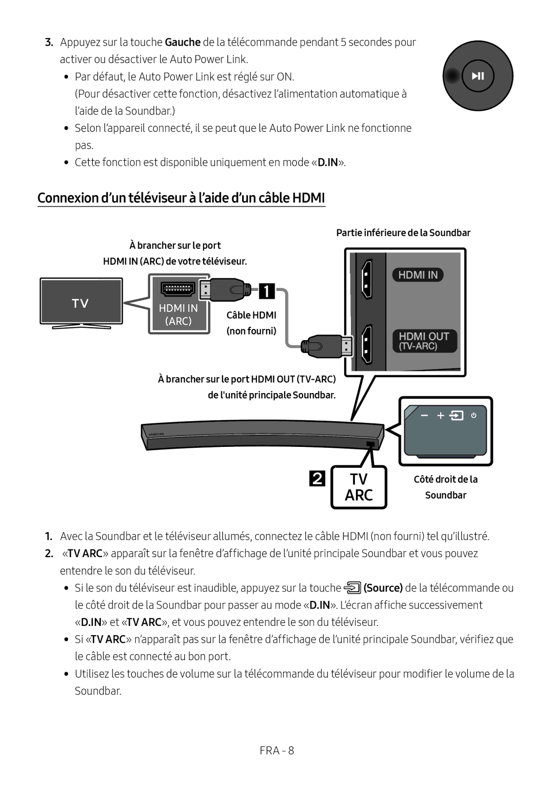 Samsung HW-MS6501/ZF Connexion d’un téléviseur à l’aide d’un câble Hdmi, Partie inférieure de la Soundbar, Câble Hdmi 