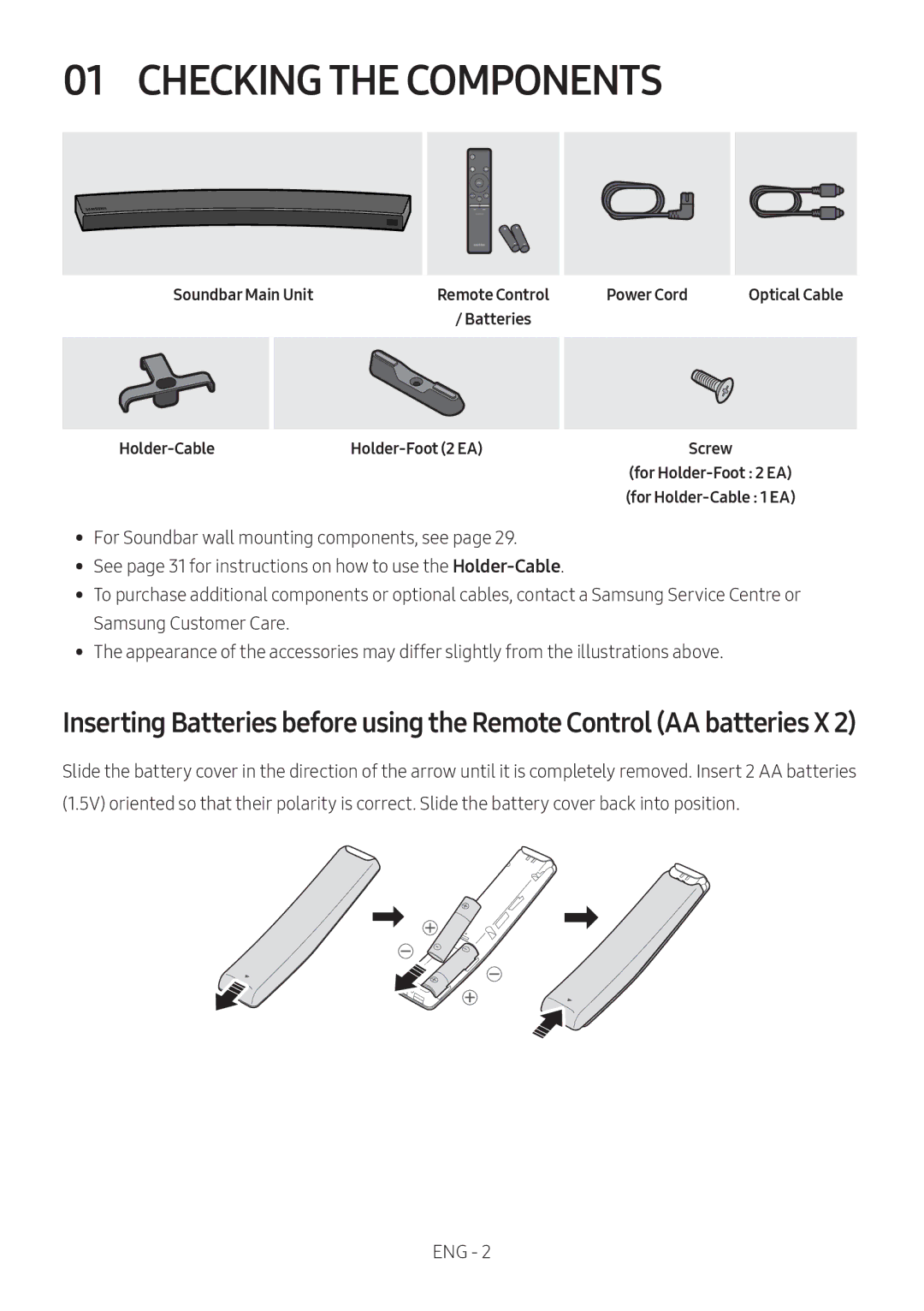 Samsung HW-MS6510/XE, HW-MS6501/EN, HW-MS6500/ZG manual Checking the Components, Soundbar Main Unit, Holder-Cable, Power Cord 