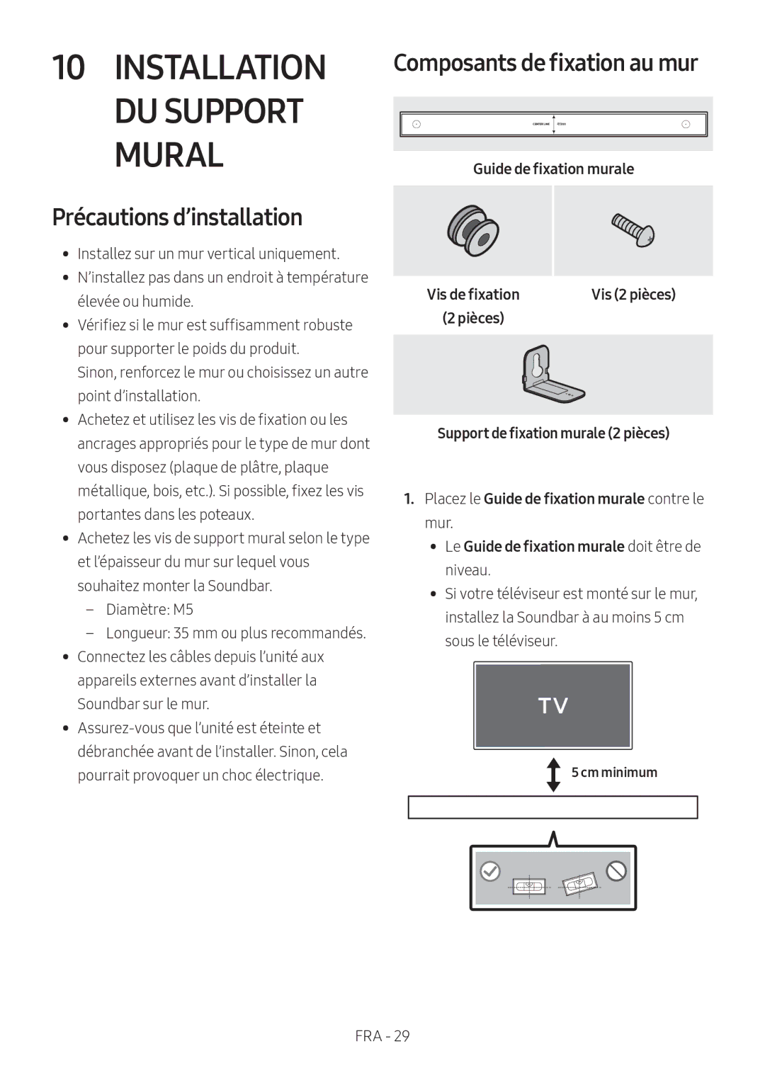 Samsung HW-MS6500/ZG manual Précautions d’installation, Composants de fixation au mur, Guide de fixation murale, Cm minimum 