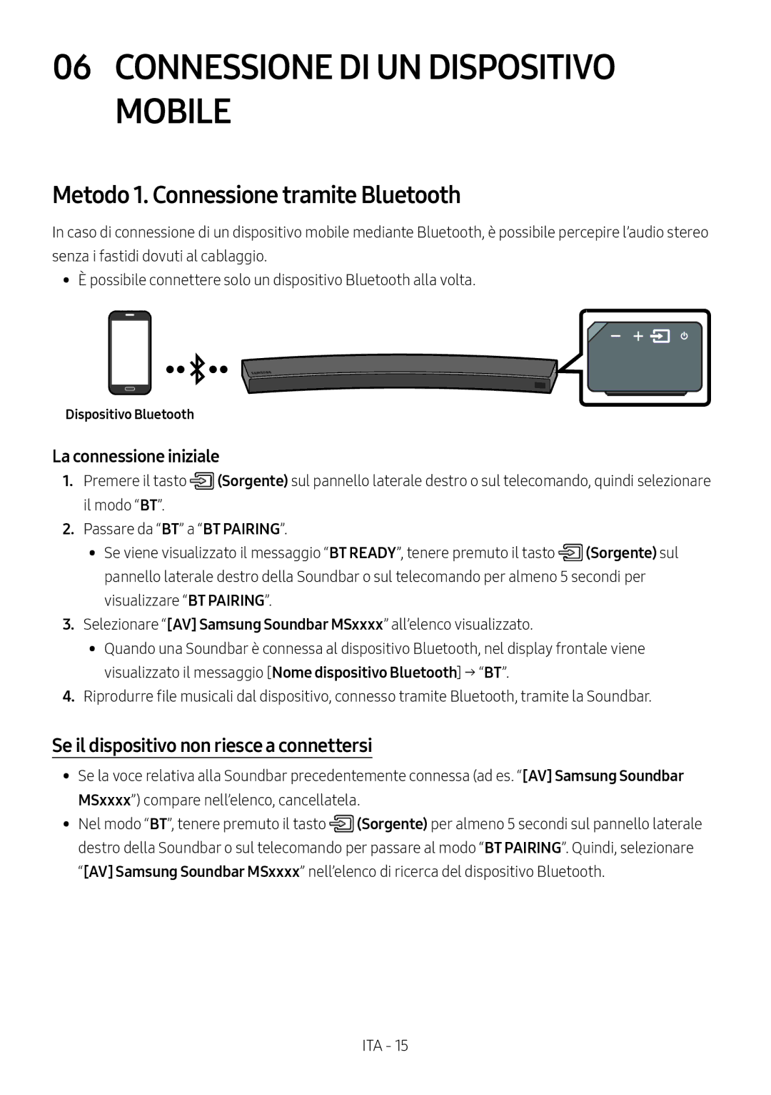 Samsung HW-MS6501/ZG Connessione DI UN Dispositivo Mobile, Metodo 1. Connessione tramite Bluetooth, Dispositivo Bluetooth 