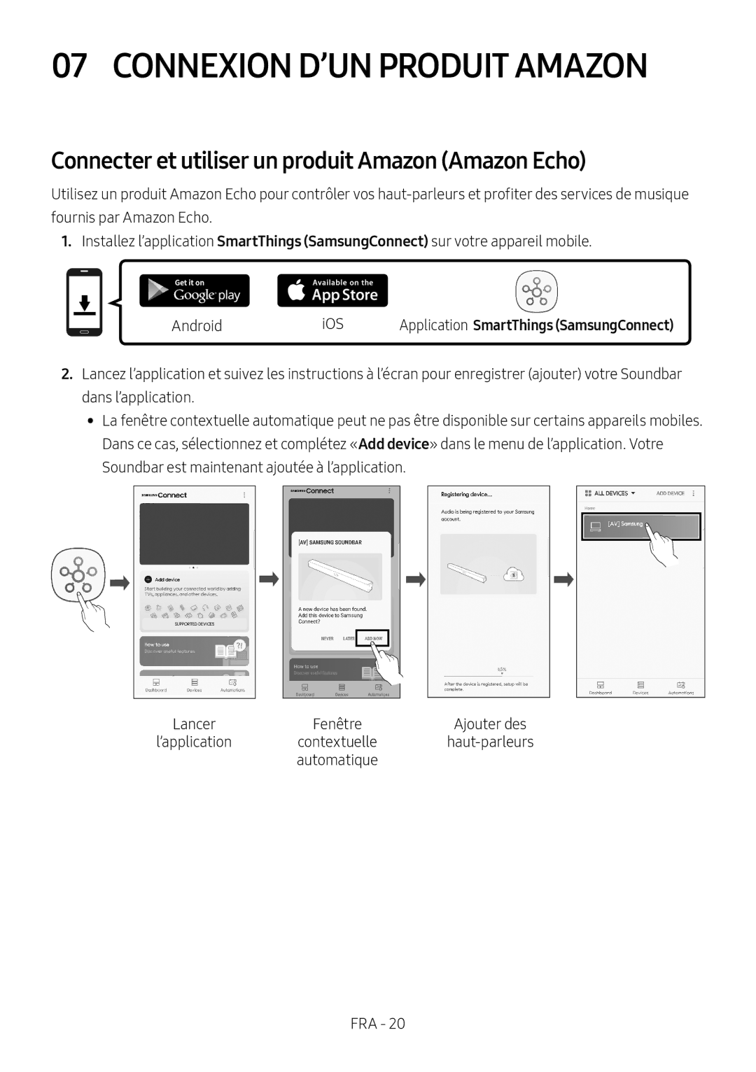 Samsung HW-MS6501/EN manual Connexion D’UN Produit Amazon, Connecter et utiliser un produit Amazon Amazon Echo, Lancer 