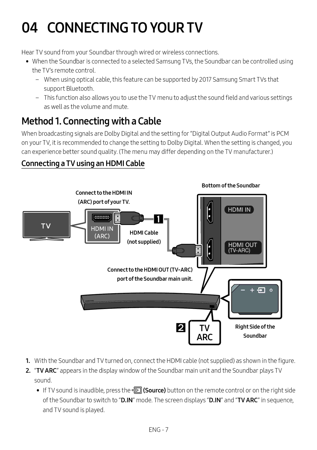 Samsung HW-MS6501/ZG manual Connecting to Your TV, Method 1. Connecting with a Cable, Connecting a TV using an Hdmi Cable 