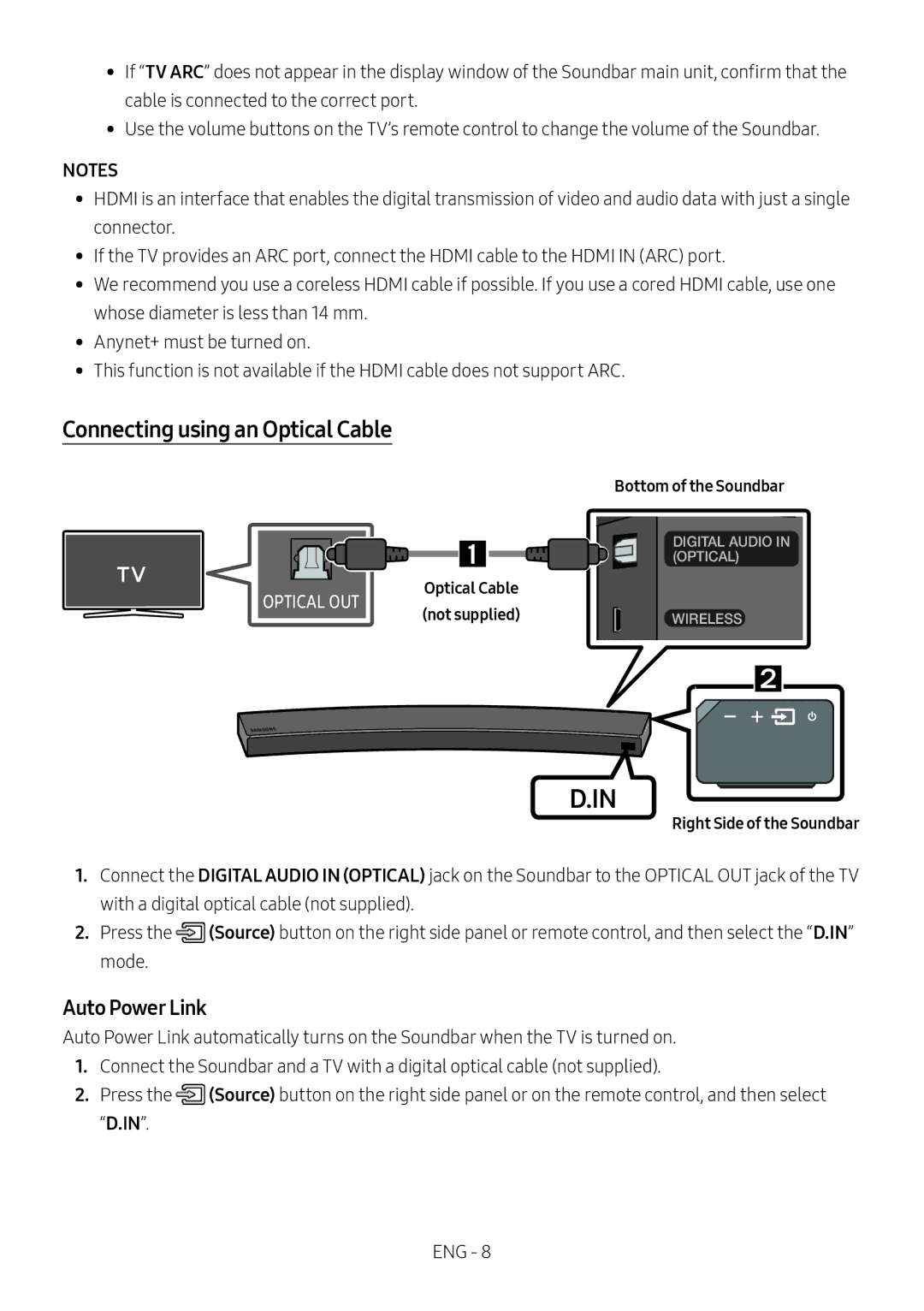 Samsung HW-MS6501/ZF, HW-MS6501/EN, HW-MS6500/ZG, HW-MS6500/EN manual Connecting using an Optical Cable, Auto Power Link 