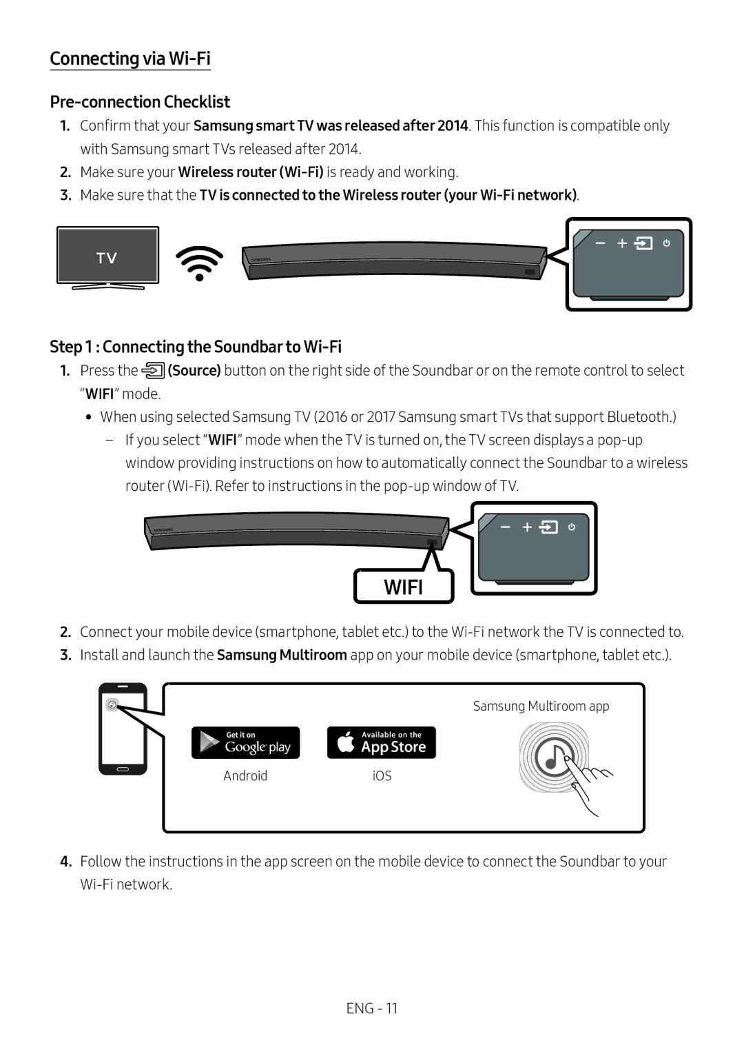 Samsung HW-MS6511/XE, HW-MS6501/EN, HW-MS6500/ZG, HW-MS6500/EN Pre-connection Checklist, Connecting the Soundbar to Wi-Fi 