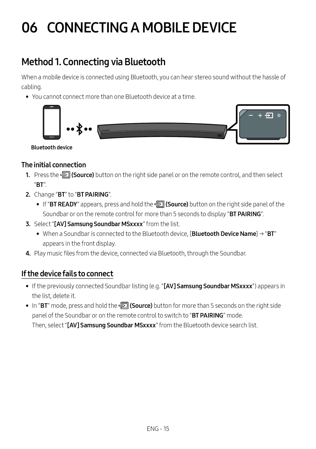 Samsung HW-MS6501/ZG, HW-MS6501/EN, HW-MS6500/ZG manual Connecting a Mobile Device, Method 1. Connecting via Bluetooth 