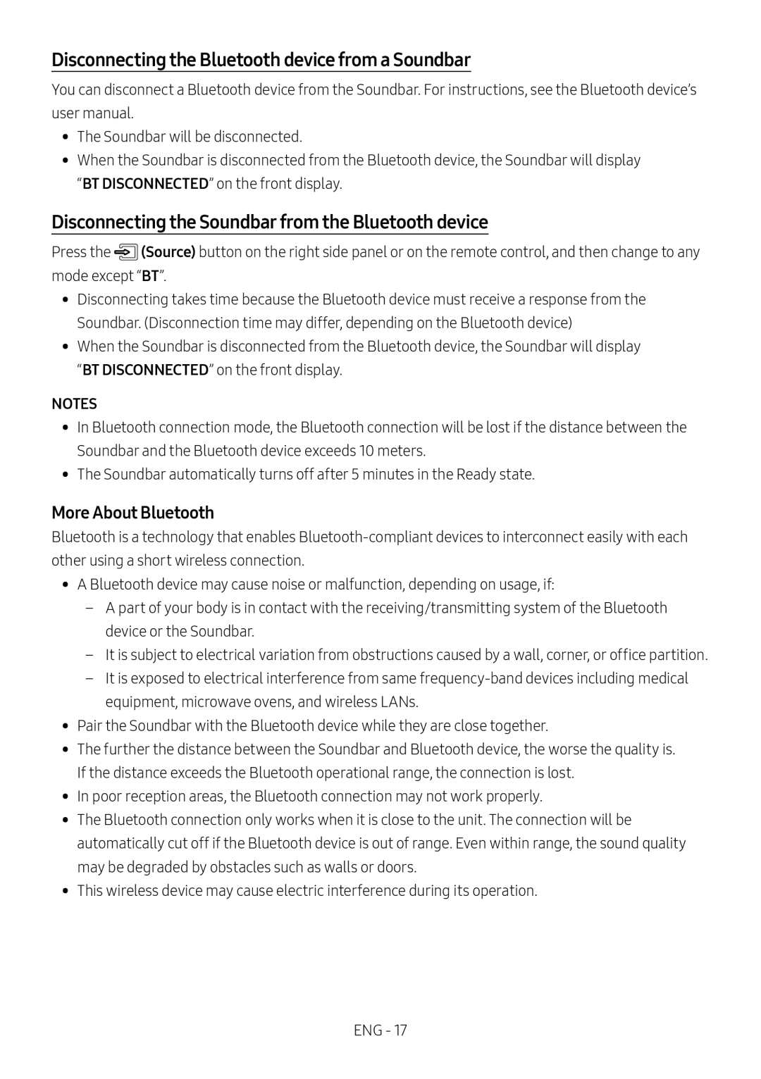 Samsung HW-MS6500/ZF, HW-MS6501/EN, HW-MS6500/ZG Disconnecting the Bluetooth device from a Soundbar, More About Bluetooth 