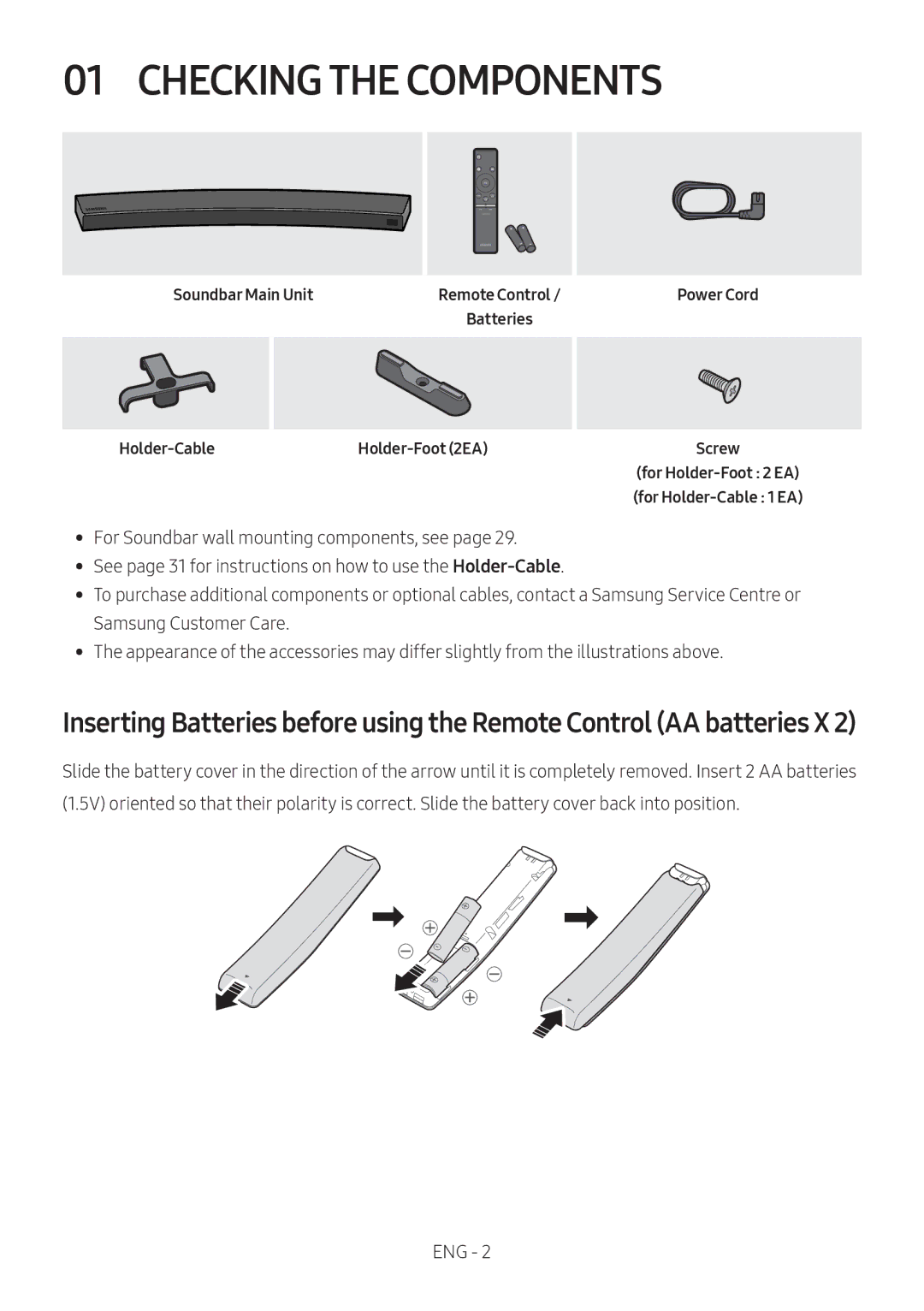 Samsung HW-MS6510/XE, HW-MS6501/EN, HW-MS6500/ZG, HW-MS6500/EN, HW-MS6501/ZG, HW-MS6501/ZF manual Checking the Components 