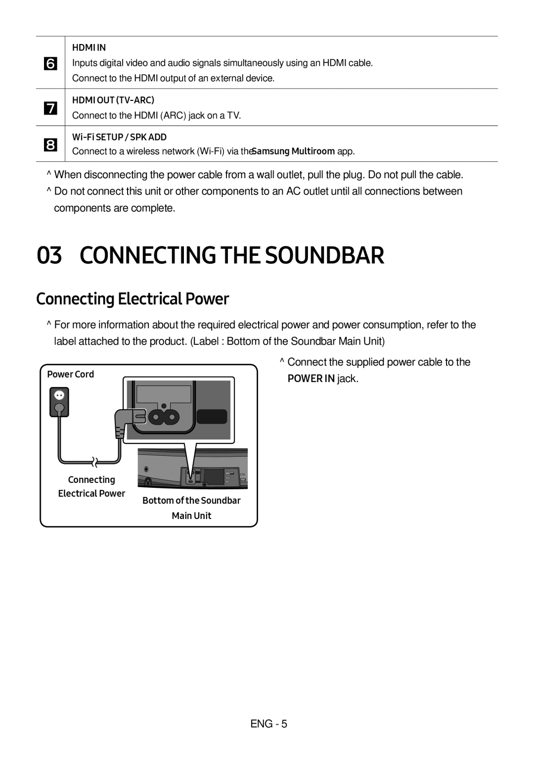 Samsung HW-MS6500/ZG, HW-MS6501/EN, HW-MS6500/EN, HW-MS6501/ZG manual Connecting the Soundbar, Connecting Electrical Power 