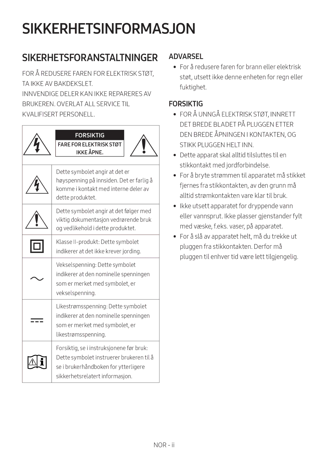 Samsung HW-MS6510/XE, HW-MS6501/EN, HW-MS6500/ZG, HW-MS6500/EN, HW-MS6501/ZG Sikkerhetsinformasjon, Sikerhetsforanstaltninger 