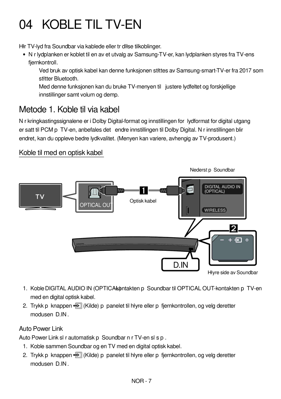 Samsung HW-MS6511/XE Koble TIL TV-EN, Metode 1. Koble til via kabel, Koble til med en optisk kabel, Høyre side av Soundbar 