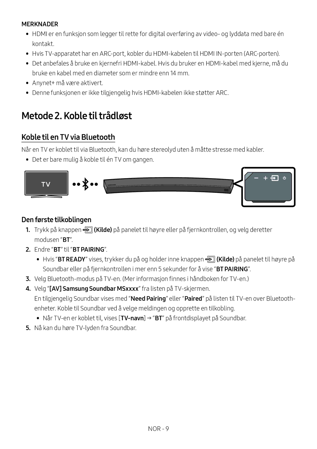 Samsung HW-MS6500/ZG, HW-MS6501/EN Metode 2. Koble til trådløst, Koble til en TV via Bluetooth, Den første tilkoblingen 