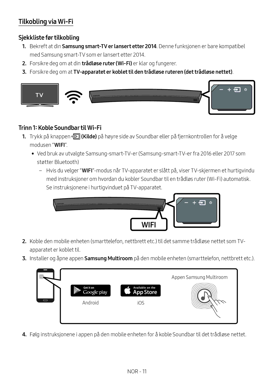 Samsung HW-MS6501/ZG, HW-MS6501/EN manual Tilkobling via Wi-Fi, Sjekkliste før tilkobling, Trinn 1 Koble Soundbar til Wi-Fi 