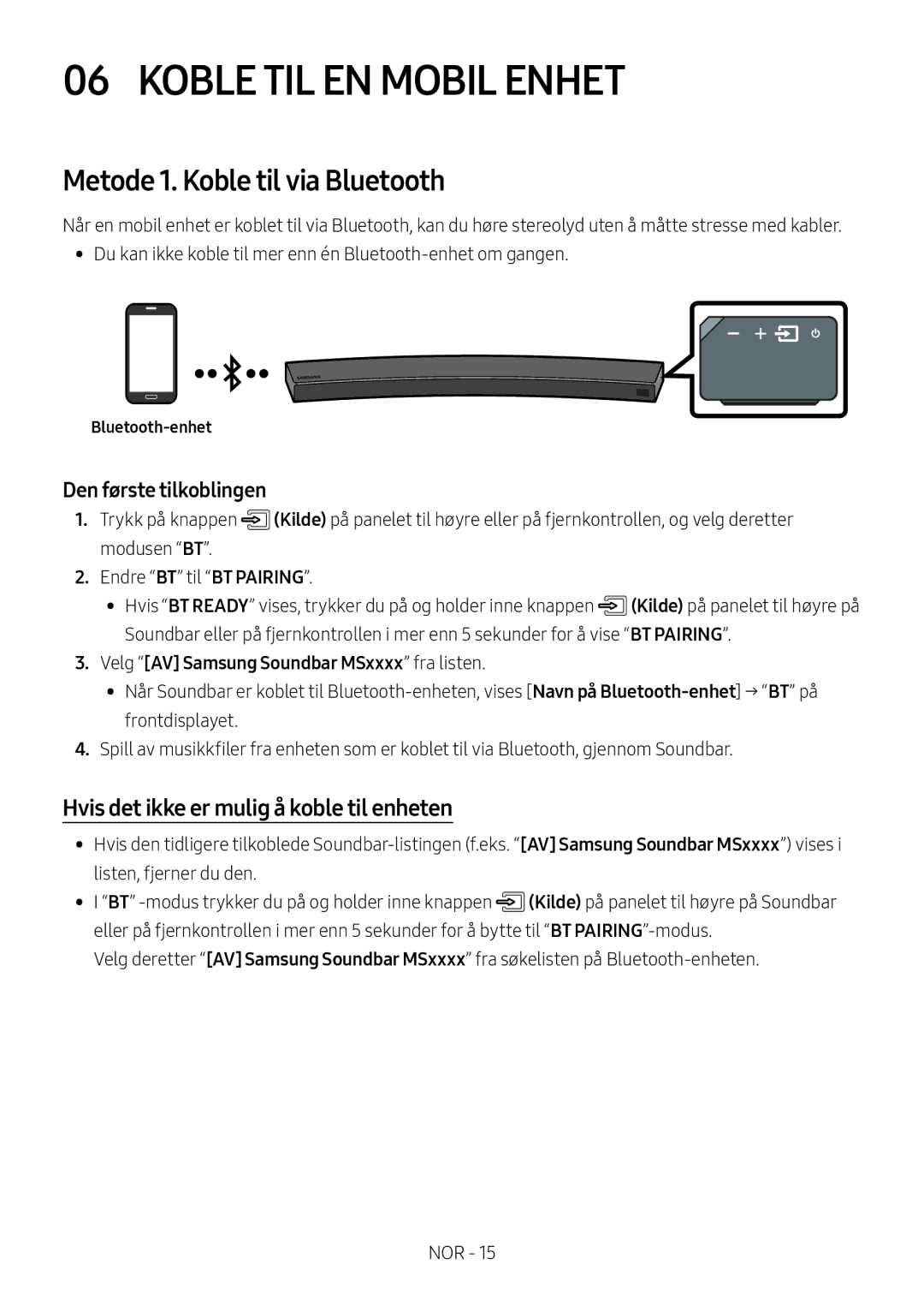 Samsung HW-MS6511/XE, HW-MS6501/EN manual Koble TIL EN Mobil Enhet, Metode 1. Koble til via Bluetooth, Bluetooth-enhet 