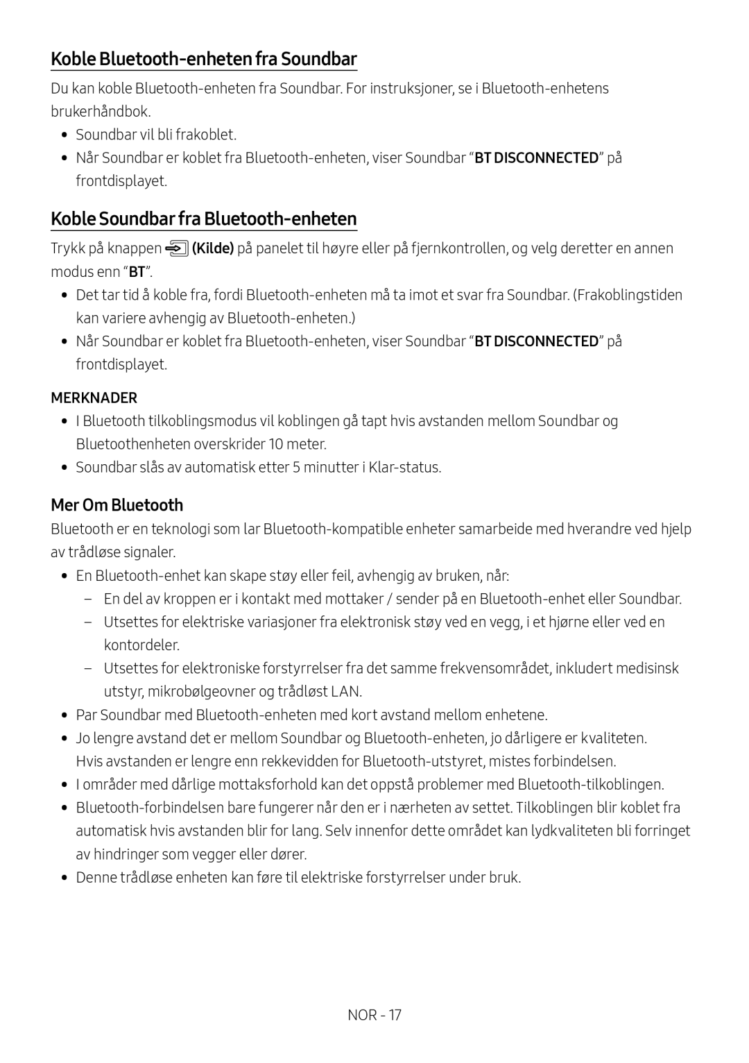 Samsung HW-MS6500/ZG manual Koble Bluetooth-enheten fra Soundbar, Koble Soundbar fra Bluetooth-enheten, Mer Om Bluetooth 