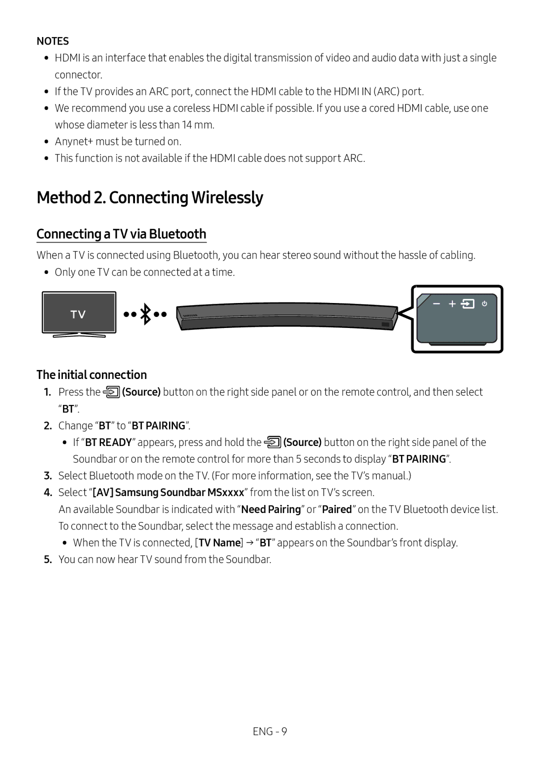 Samsung HW-MS6500/ZF, HW-MS6501/EN manual Method 2. Connecting Wirelessly, Connecting a TV via Bluetooth, Initial connection 