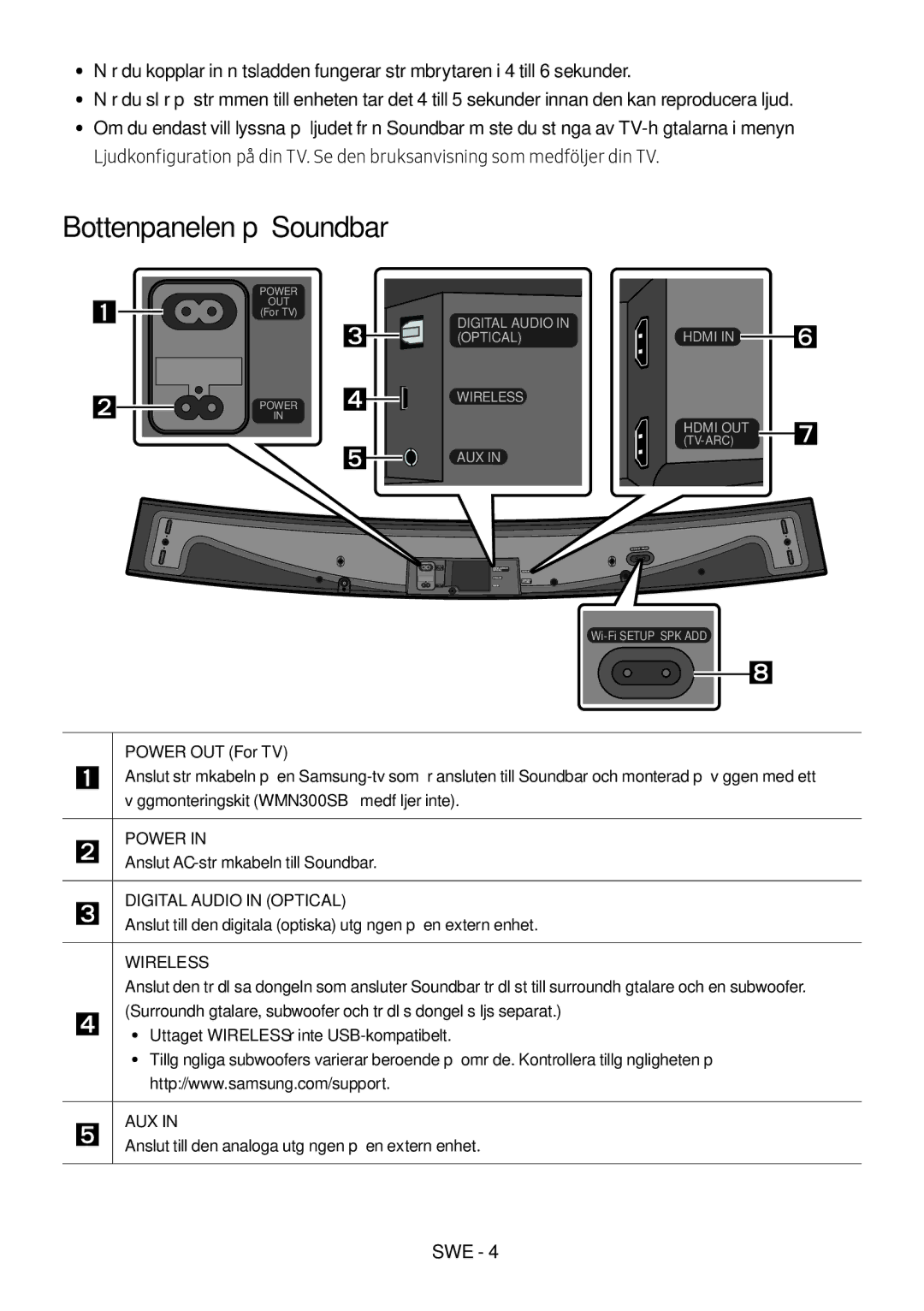 Samsung HW-MS6501/EN, HW-MS6500/ZG, HW-MS6500/EN manual Bottenpanelen på Soundbar,  Anslut AC-strömkabeln till Soundbar 