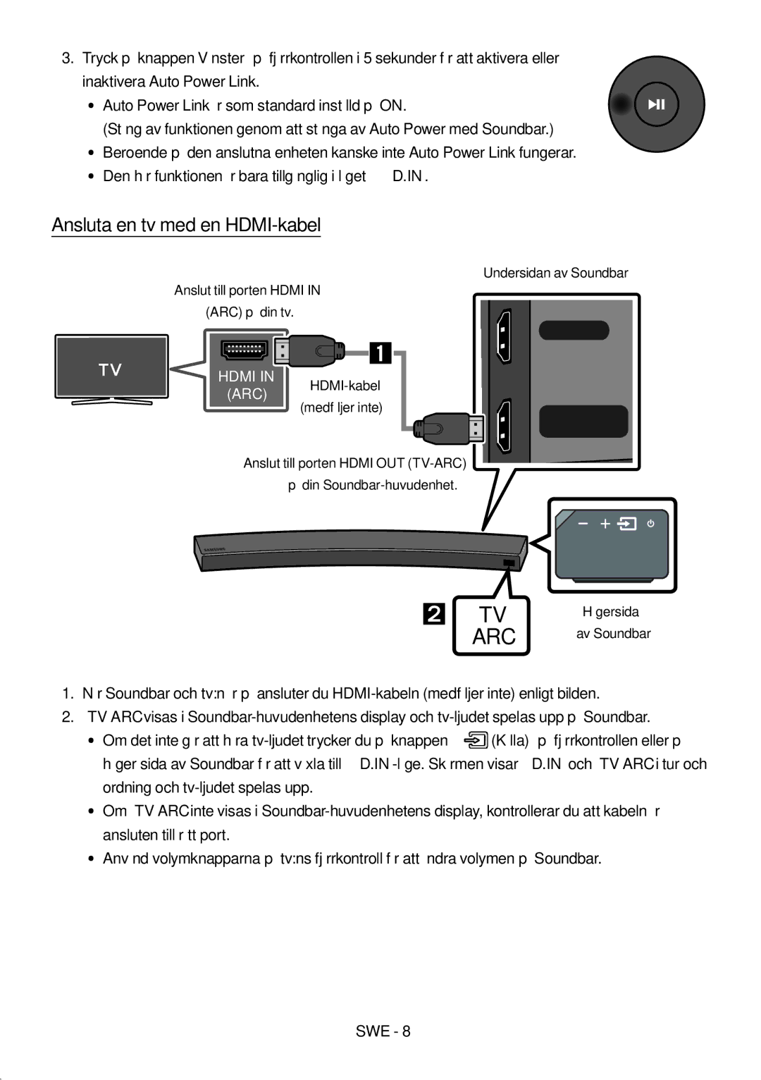 Samsung HW-MS6501/ZF manual Ansluta en tv med en HDMI-kabel, Anslut till porten Hdmi ARC på din tv, Undersidan av Soundbar 