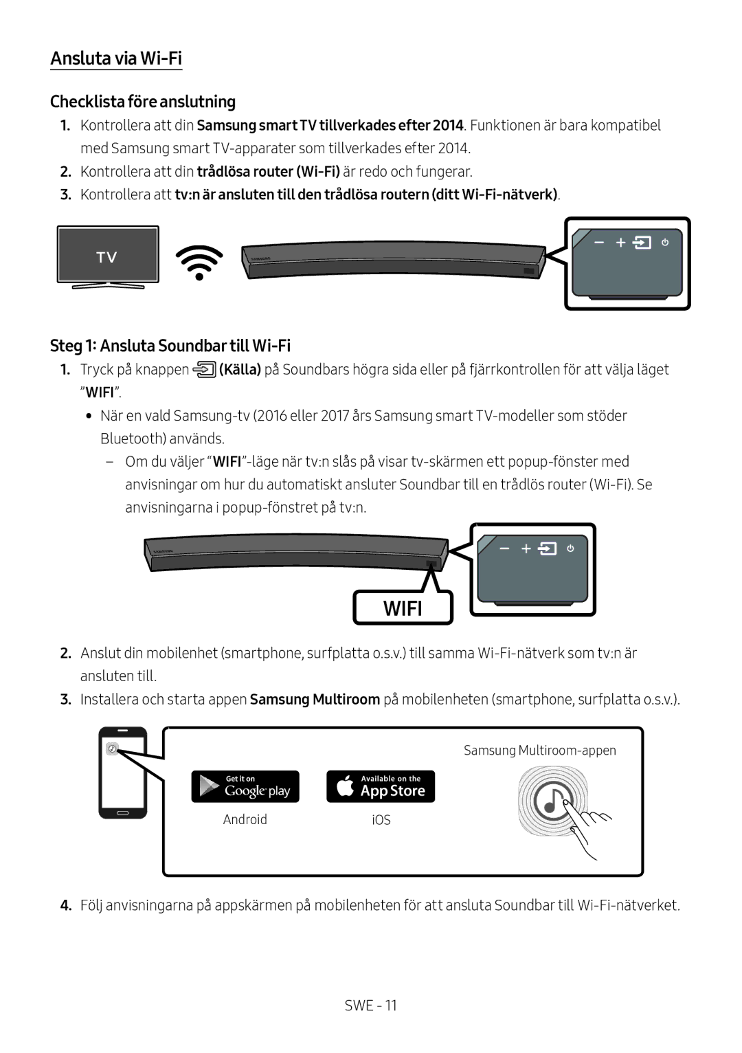 Samsung HW-MS6511/XE, HW-MS6501/EN manual Ansluta via Wi-Fi, Checklista före anslutning, Steg 1 Ansluta Soundbar till Wi-Fi 