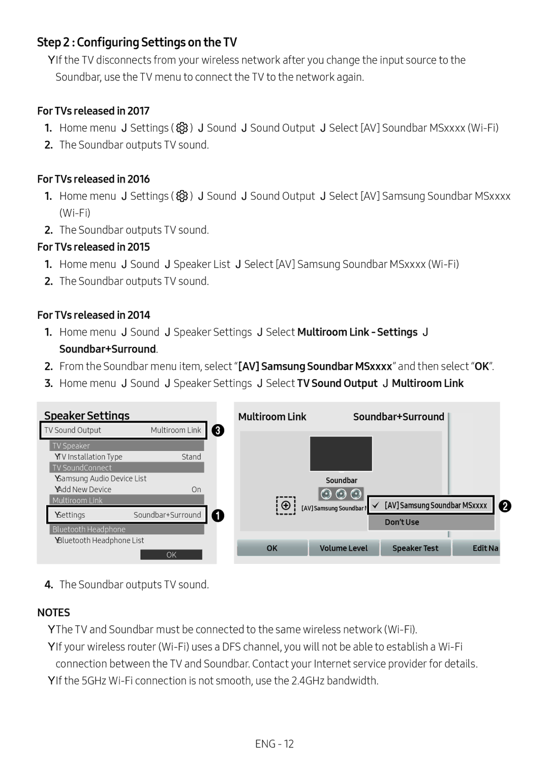 Samsung HW-MS6501/EN Configuring Settings on the TV, For TVs released, Soundbar+Surround, Speaker Settings Multiroom Link 