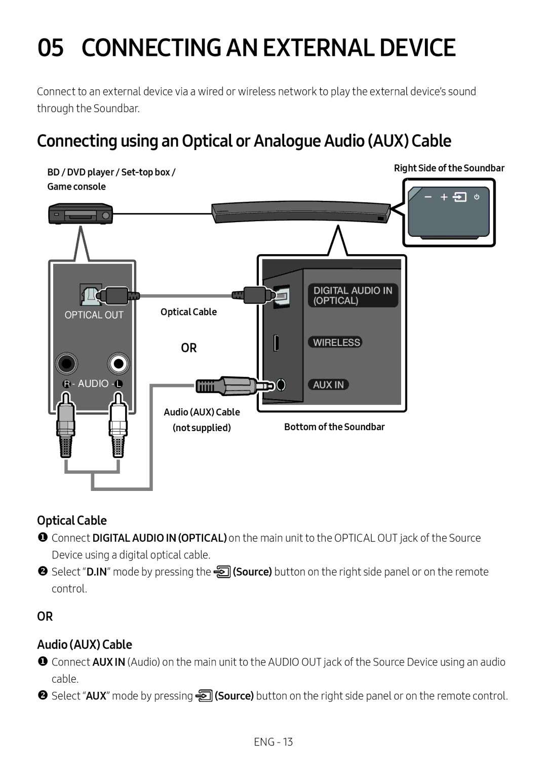 Samsung HW-MS6500/ZG Connecting AN External Device, Connecting using an Optical or Analogue Audio AUX Cable, Optical Cable 