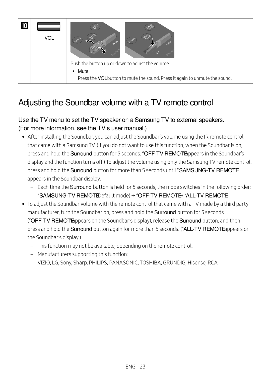 Samsung HW-MS6501/ZG, HW-MS6501/EN, HW-MS6500/ZG, HW-MS6500/EN Adjusting the Soundbar volume with a TV remote control, Mute 