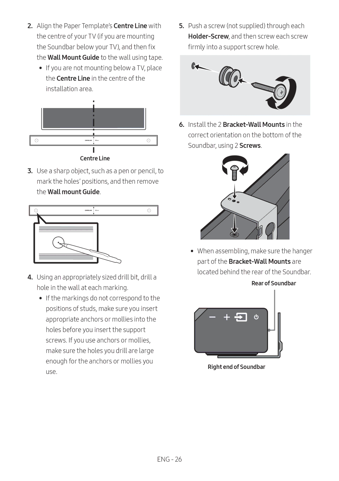 Samsung HW-MS6510/XE, HW-MS6501/EN, HW-MS6500/ZG, HW-MS6500/EN manual Centre Line, Rear of Soundbar Right end of Soundbar 