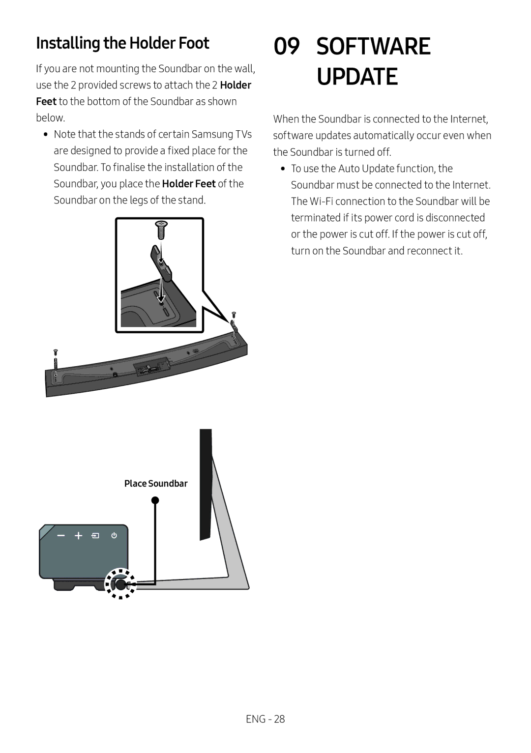 Samsung HW-MS6501/EN, HW-MS6500/ZG, HW-MS6500/EN, HW-MS6501/ZG, HW-MS6501/ZF manual Installing the Holder Foot, Place Soundbar 