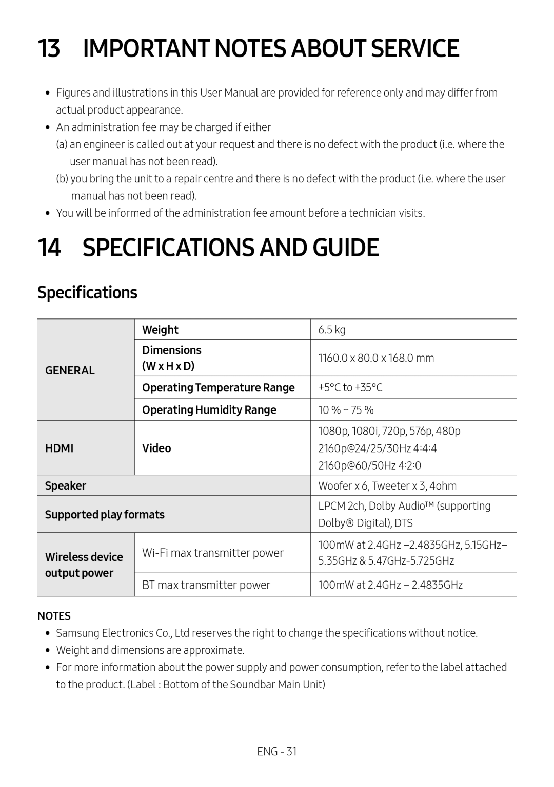 Samsung HW-MS6501/ZG, HW-MS6501/EN Important Notes about Service, Specifications and Guide, Operating Temperature Range 