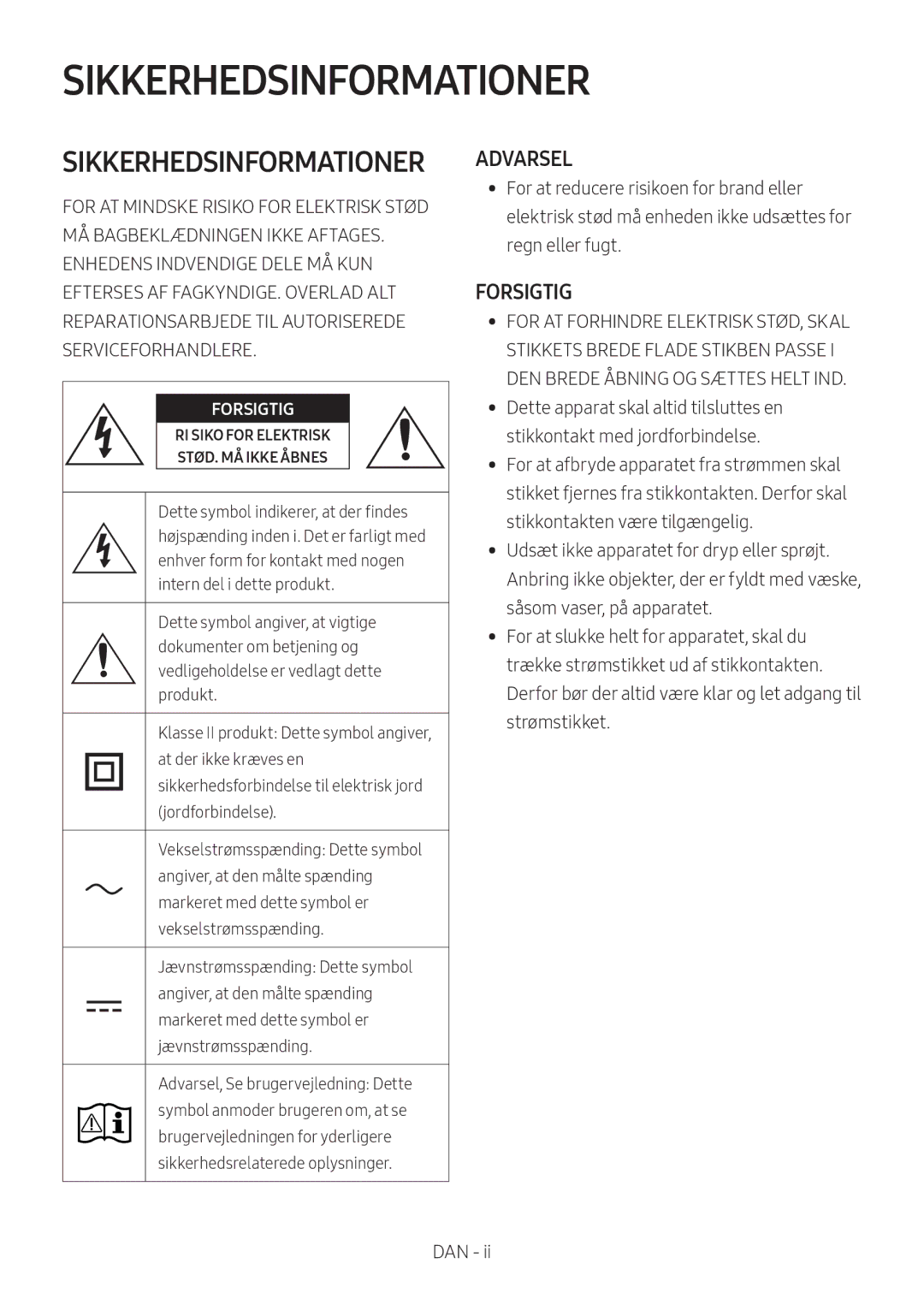 Samsung HW-MS6510/XE, HW-MS6501/EN, HW-MS6500/ZG, HW-MS6500/EN, HW-MS6501/ZG, HW-MS6501/ZF manual Sikkerhedsinformationer 