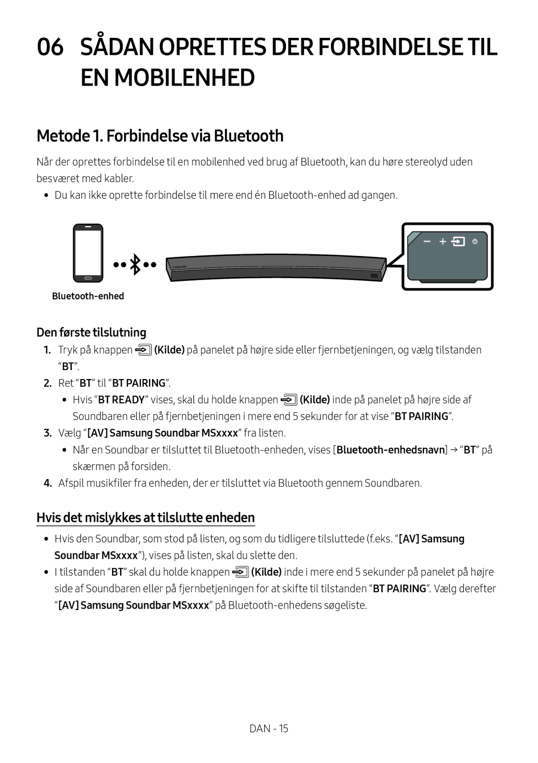 Samsung HW-MS6511/XE manual Metode 1. Forbindelse via Bluetooth, Hvis det mislykkes at tilslutte enheden, Bluetooth-enhed 