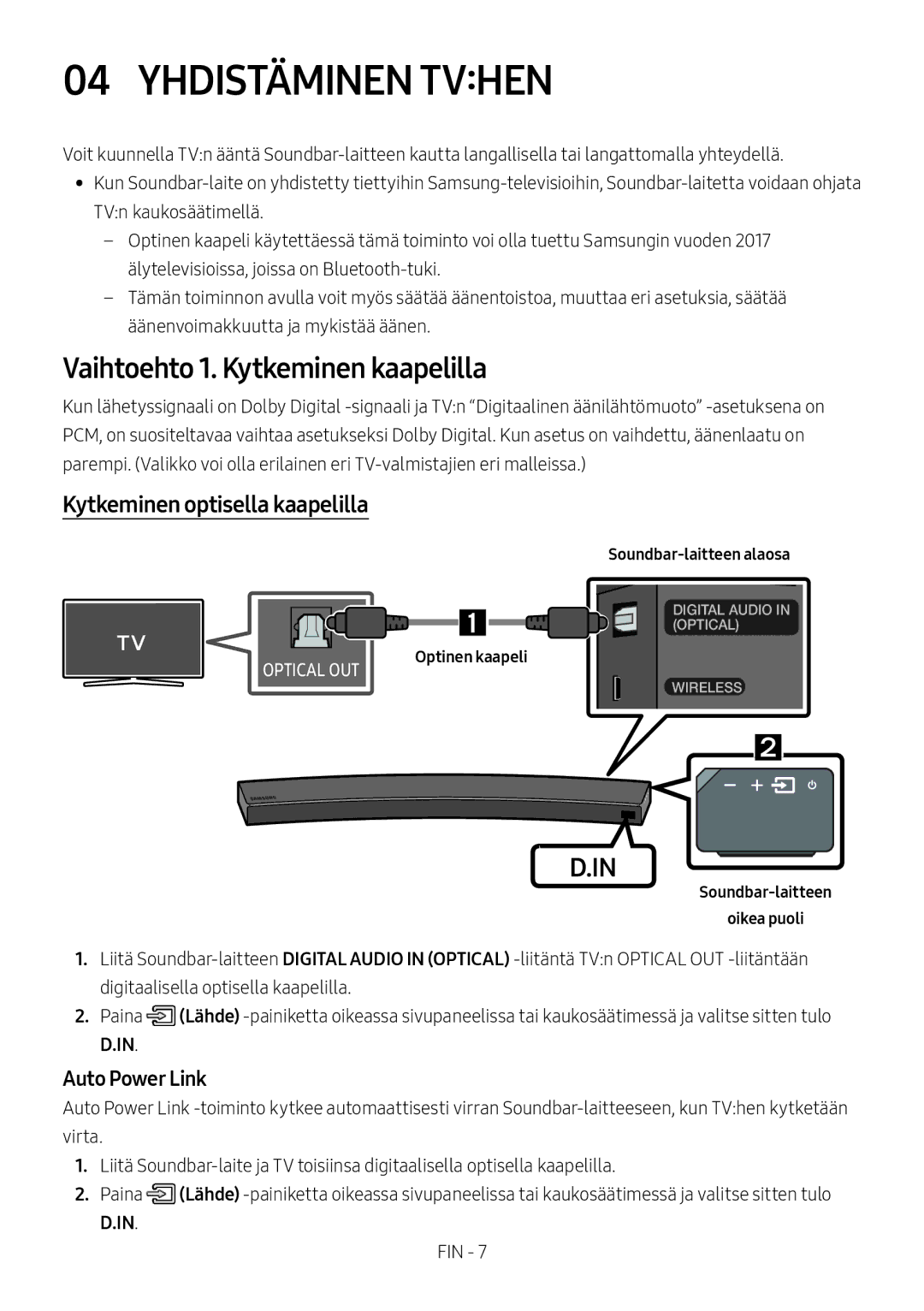 Samsung HW-MS6501/ZG manual Yhdistäminen Tvhen, Vaihtoehto 1. Kytkeminen kaapelilla, Kytkeminen optisella kaapelilla 