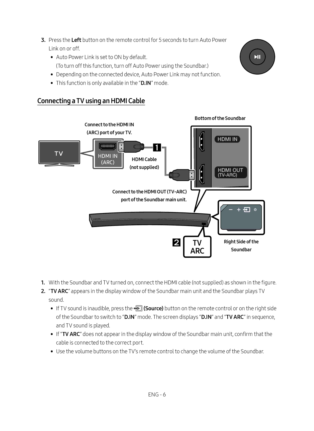 Samsung HW-MS6500/EN, HW-MS6501/EN manual Connecting a TV using an Hdmi Cable, Bottom of the Soundbar, Right Side Soundbar 