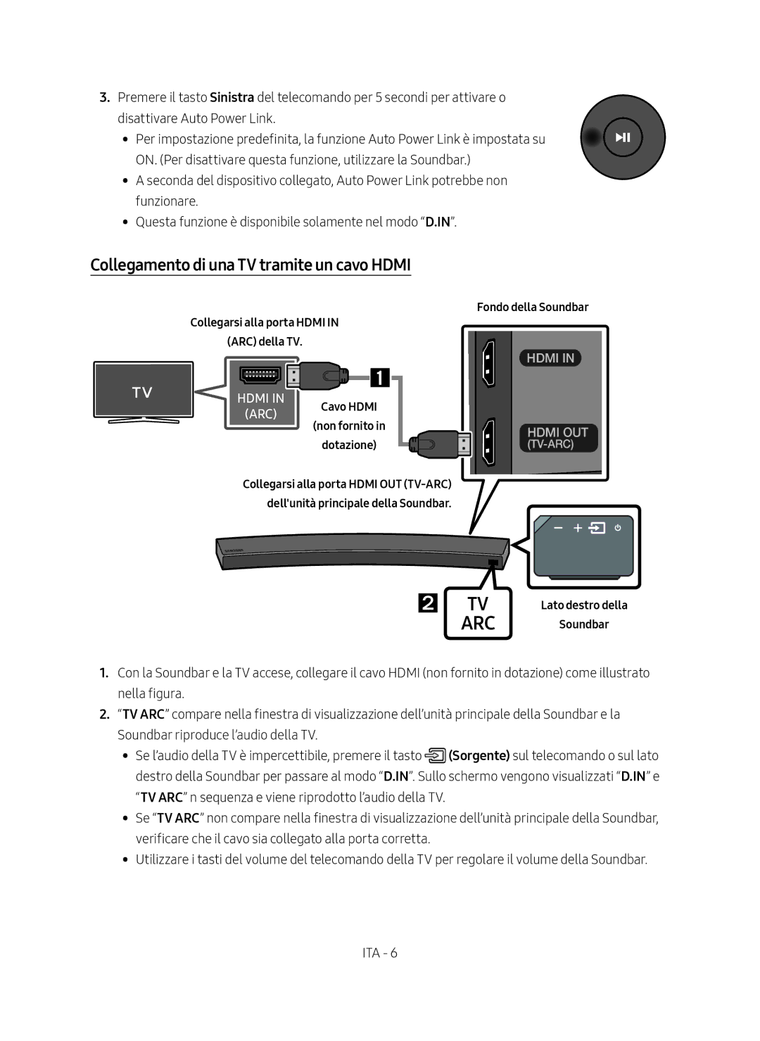 Samsung HW-MS6501/EN, HW-MS6500/ZG Collegamento di una TV tramite un cavo Hdmi, Collegarsi alla porta Hdmi ARC della TV 