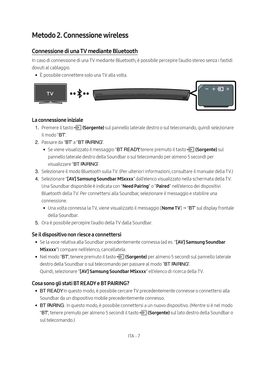 Samsung HW-MS6500/ZG Metodo 2. Connessione wireless, Connessione di una TV mediante Bluetooth, La connessione iniziale 