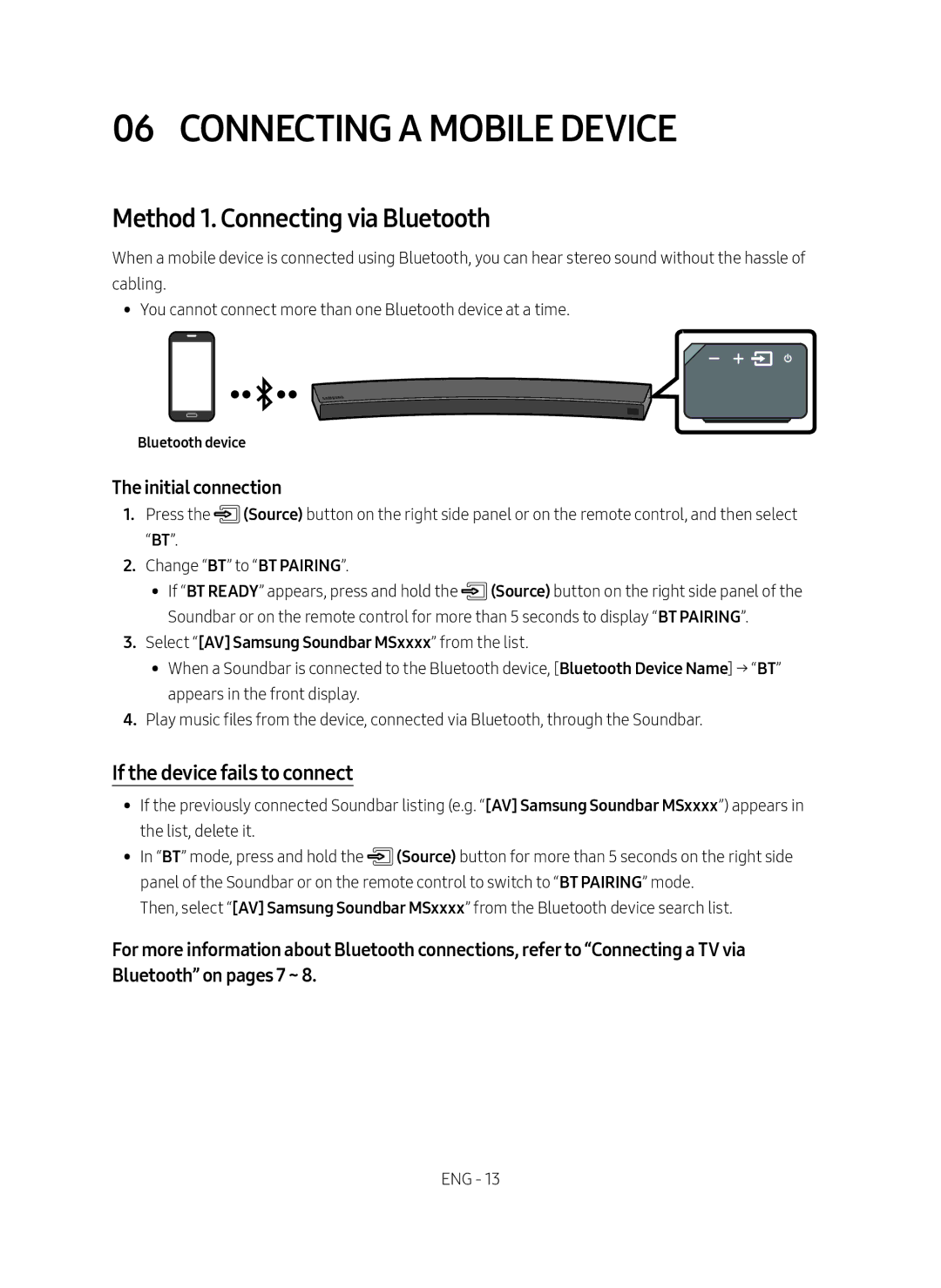 Samsung HW-MS6500/ZG manual Connecting a Mobile Device, Method 1. Connecting via Bluetooth, If the device fails to connect 