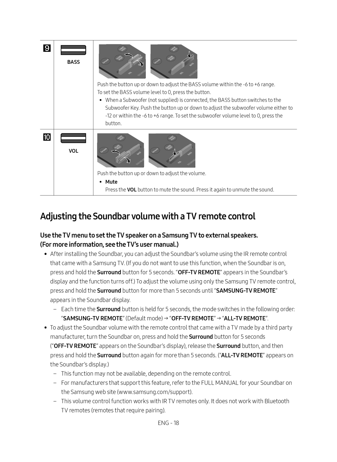 Samsung HW-MS6500/EN, HW-MS6501/EN, HW-MS6500/ZG, HW-MS6501/ZG Adjusting the Soundbar volume with a TV remote control, Mute 