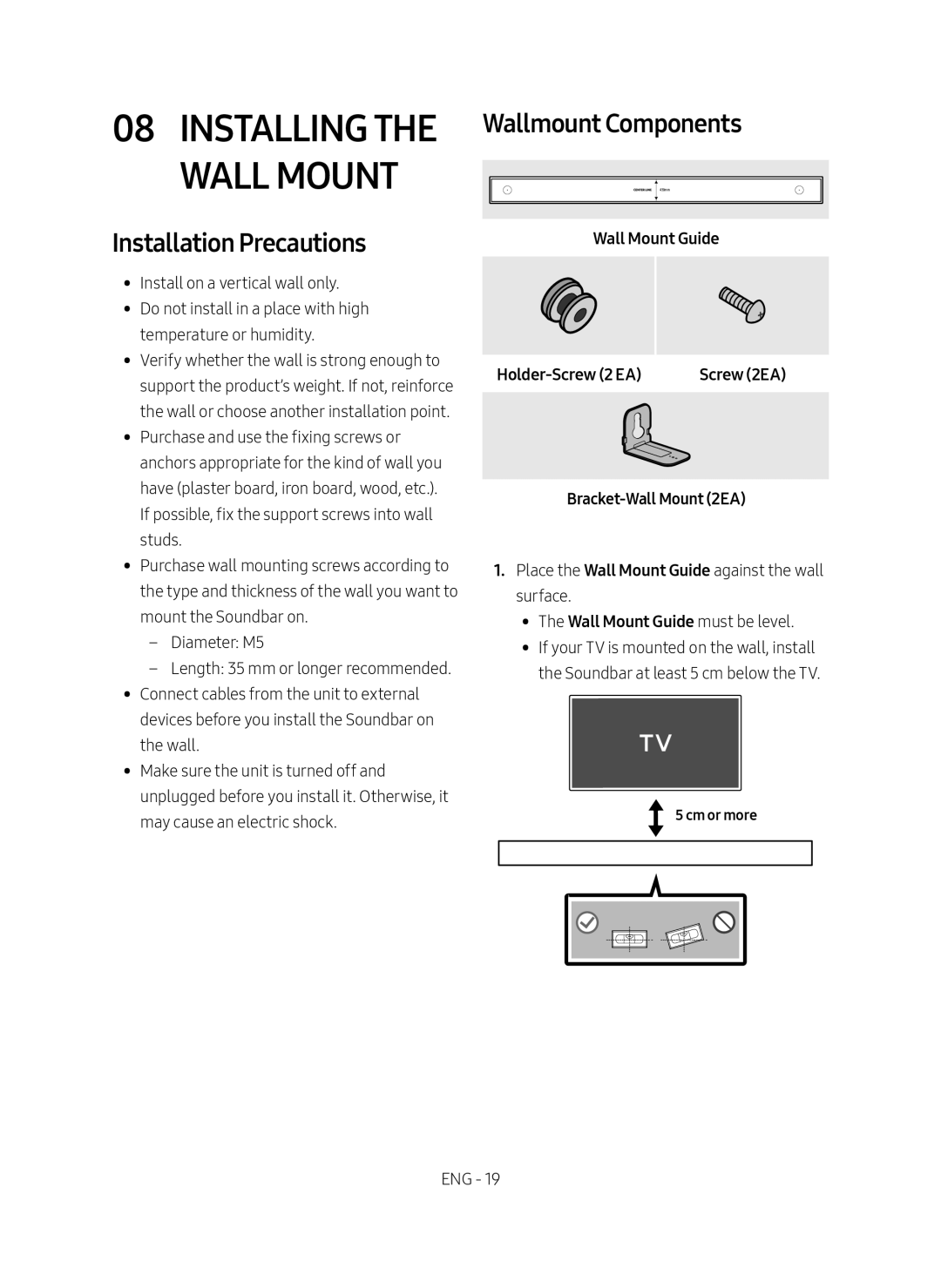 Samsung HW-MS6501/ZG Installing the Wall Mount, Installation Precautions, Wallmount Components, Bracket-Wall Mount 2EA 